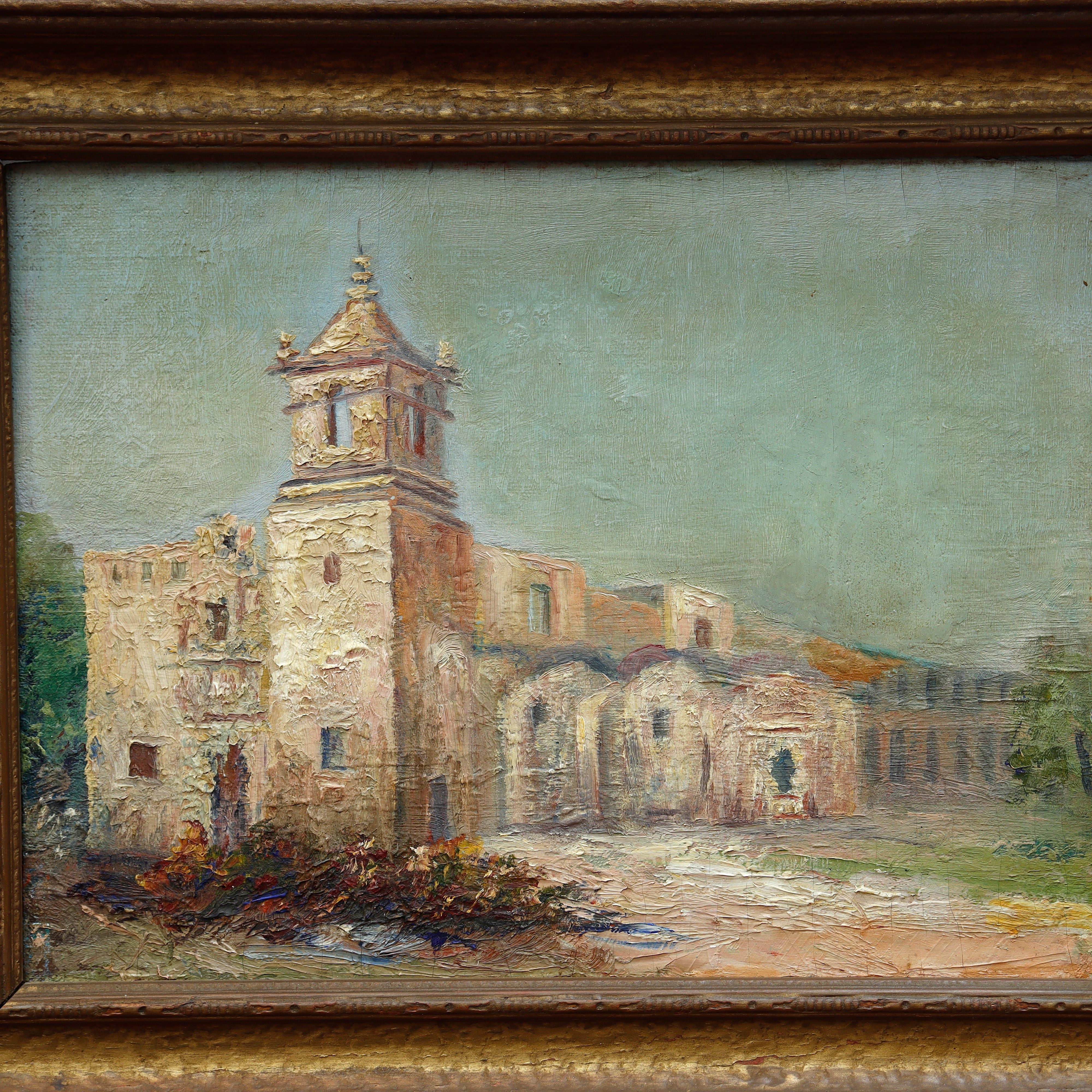 AW043: Alexa JT Smith Oil on Canvas Painting of San Antonio Texas Mission Early 20th Century