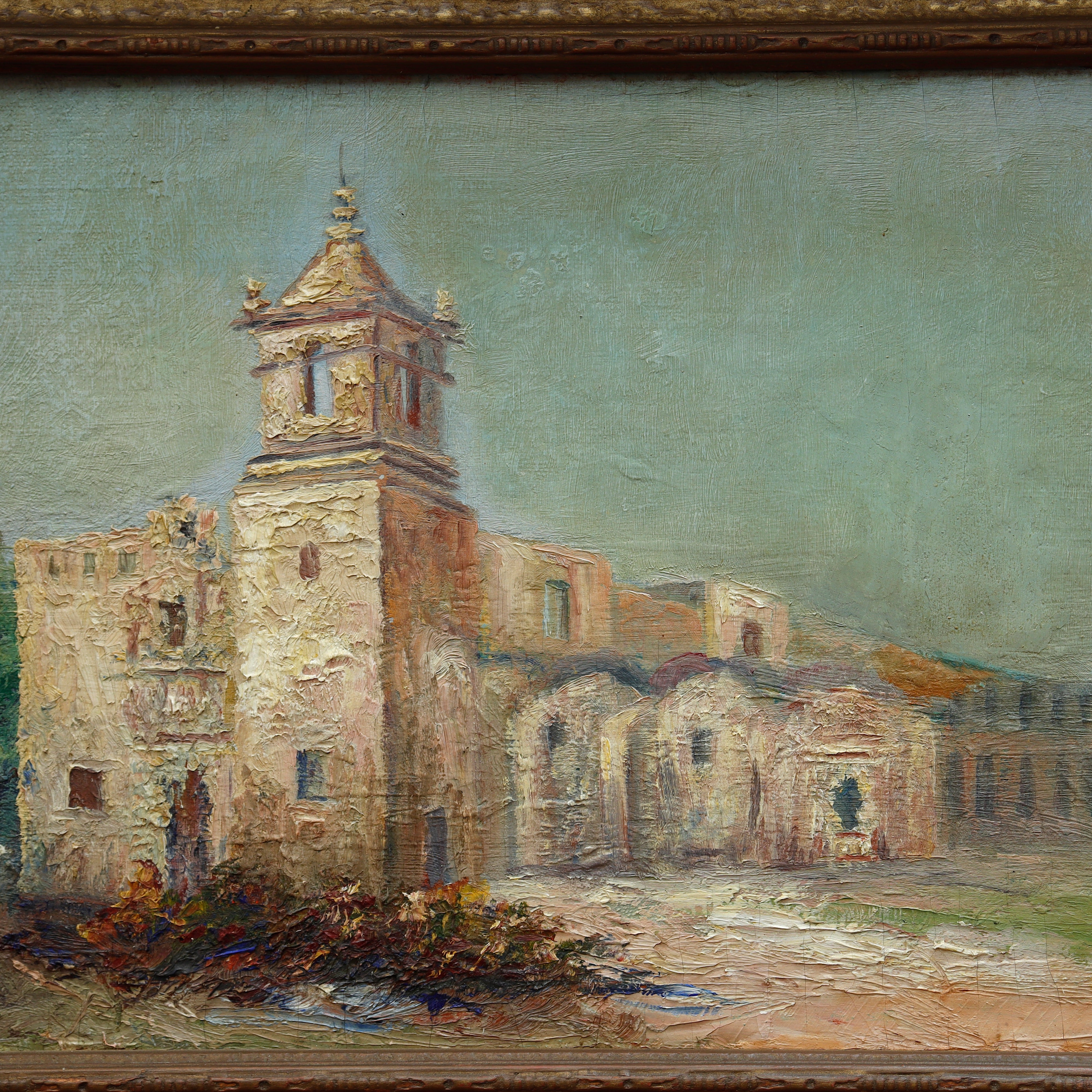 AW043: Alexa JT Smith Oil on Canvas Painting of San Antonio Texas Mission Early 20th Century