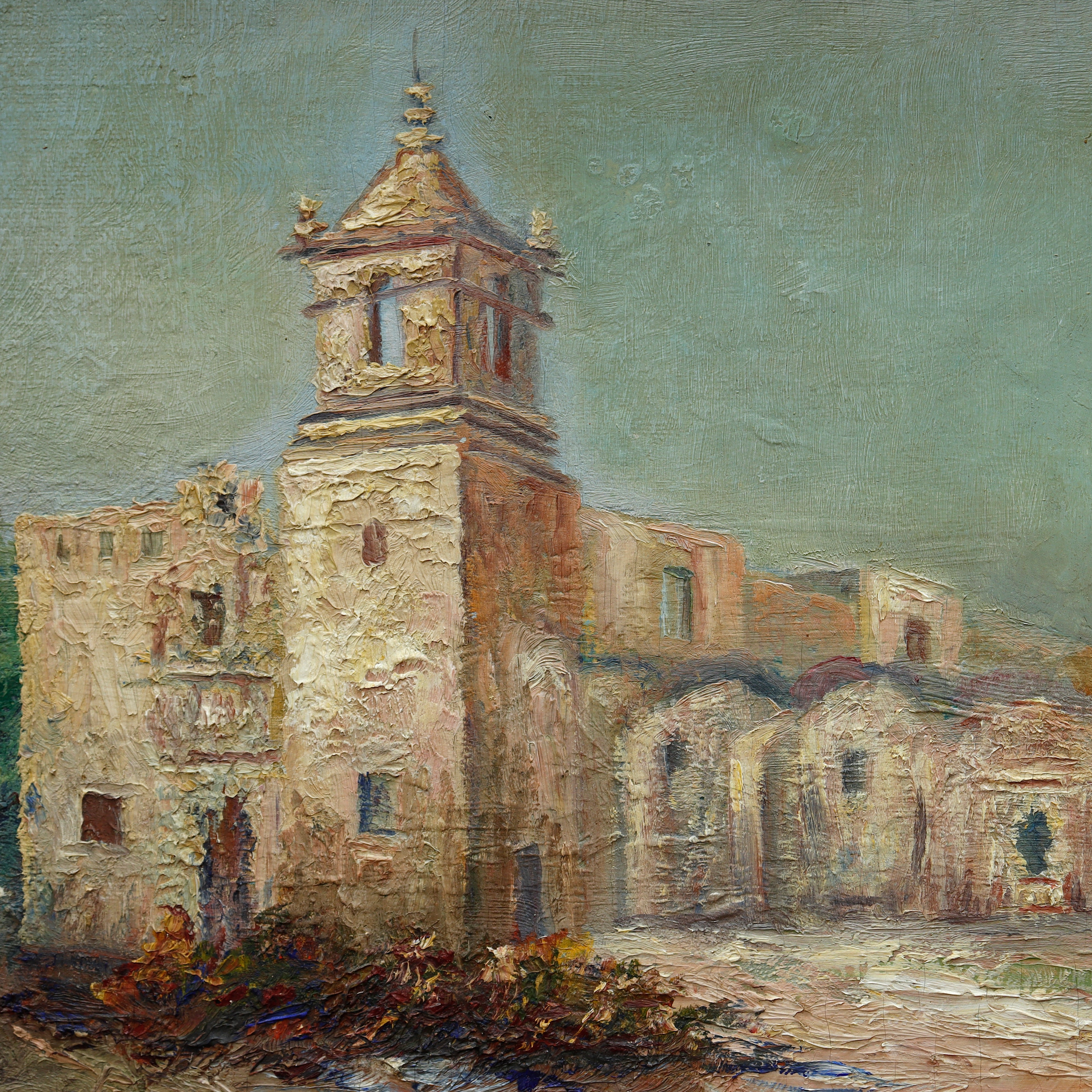 AW043: Alexa JT Smith Oil on Canvas Painting of San Antonio Texas Mission Early 20th Century
