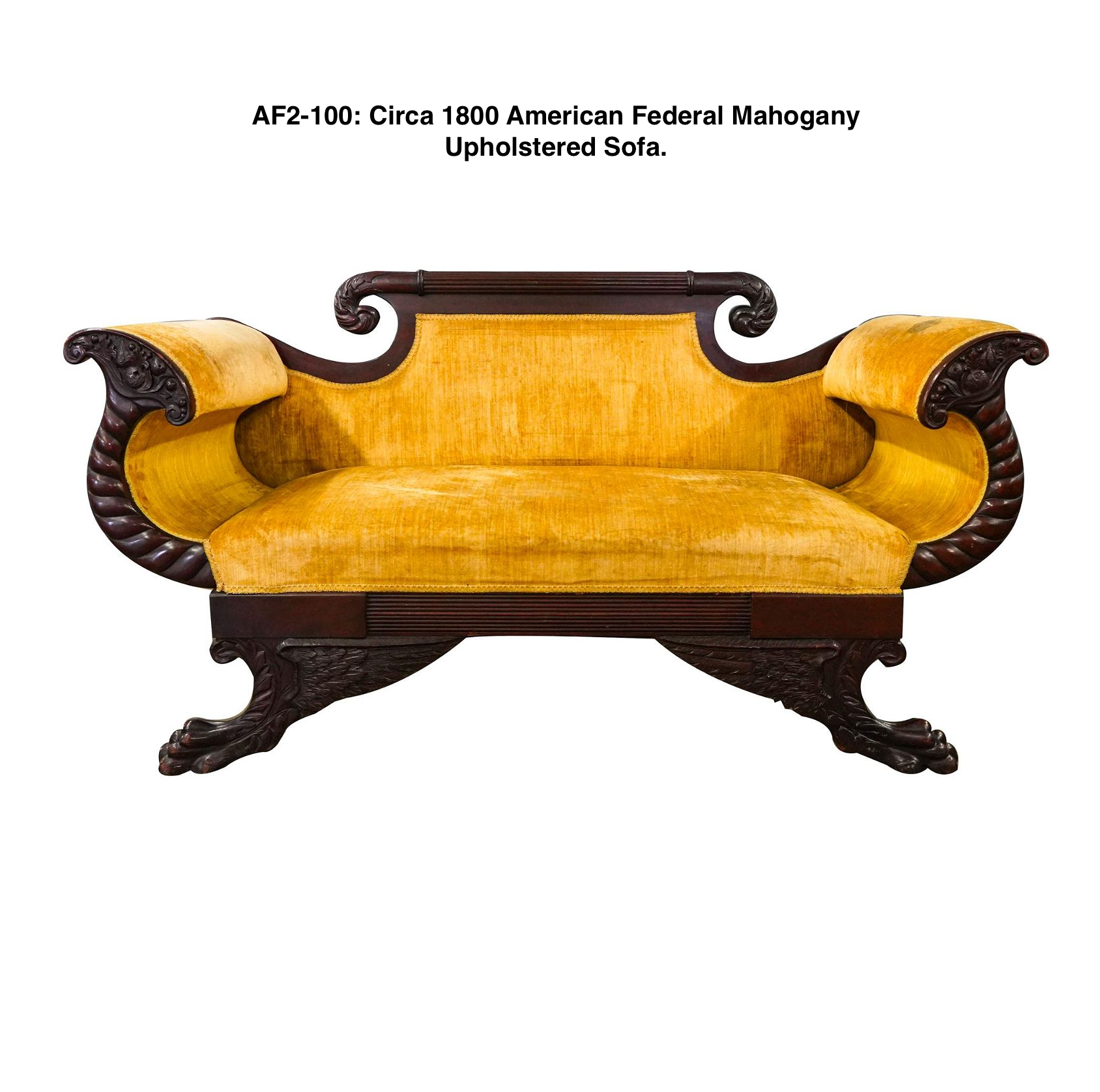 AF2-100: Antique Circa 1810 - 1830 American Empire Cornucopia Mahogany Upholstered Sofa