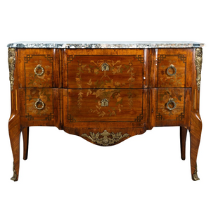AF4-104: ANTIQUE LATE 19TH CENTURY FRENCH LOUIS XV/XVI TRANSITIONAL STYLE MARQUETRY COMMODE