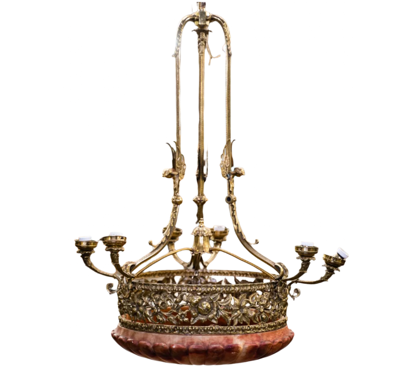 Early 20th Century Renaissance Revival Brass & Rose Alabaster Chandelier | Work of Man
