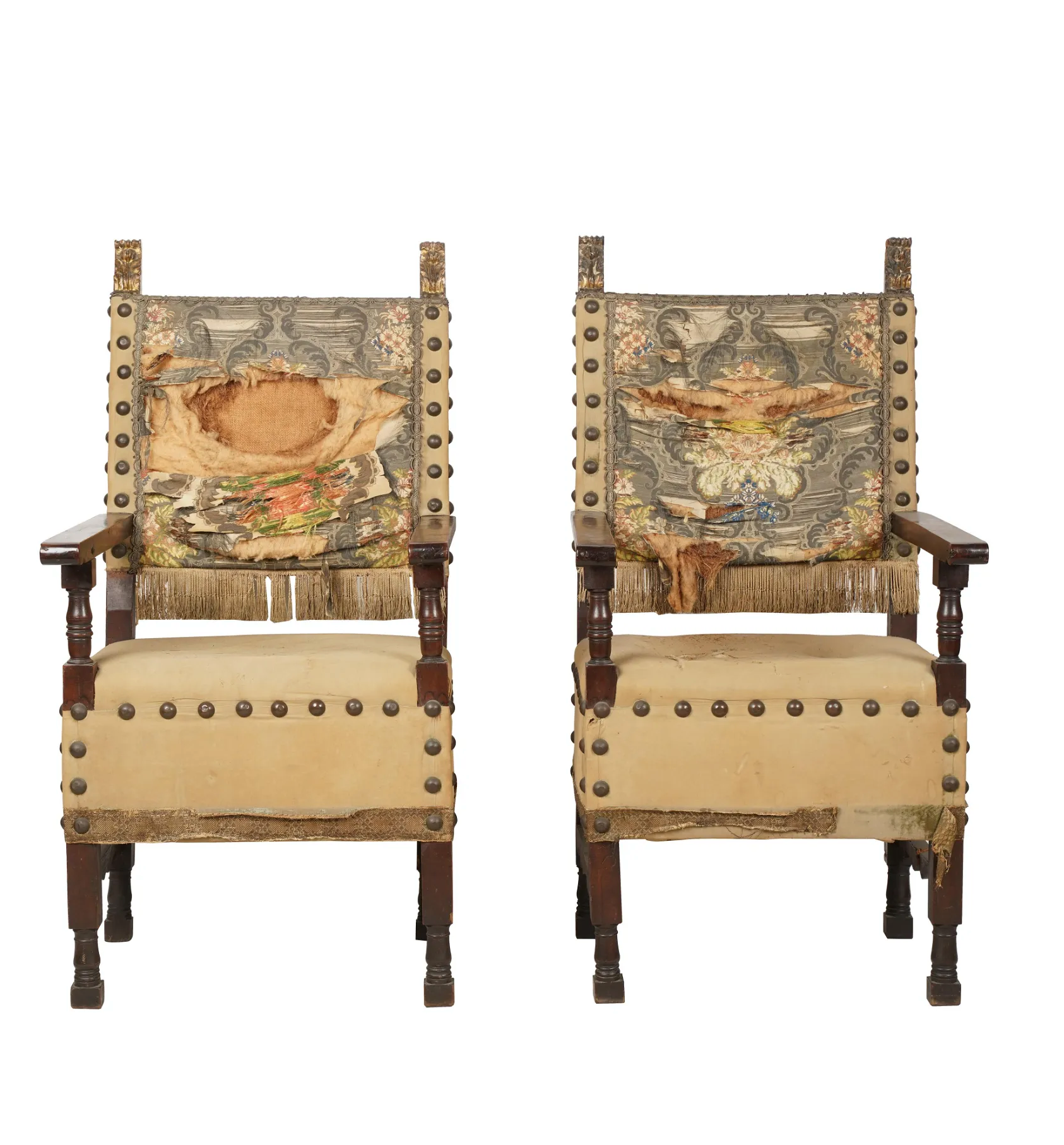 AF2-032: ANTIQUE PAIR OF MID 18TH C WALNUT SPANISH BAROQUE  HALL / THRONE ARMCHAIRS