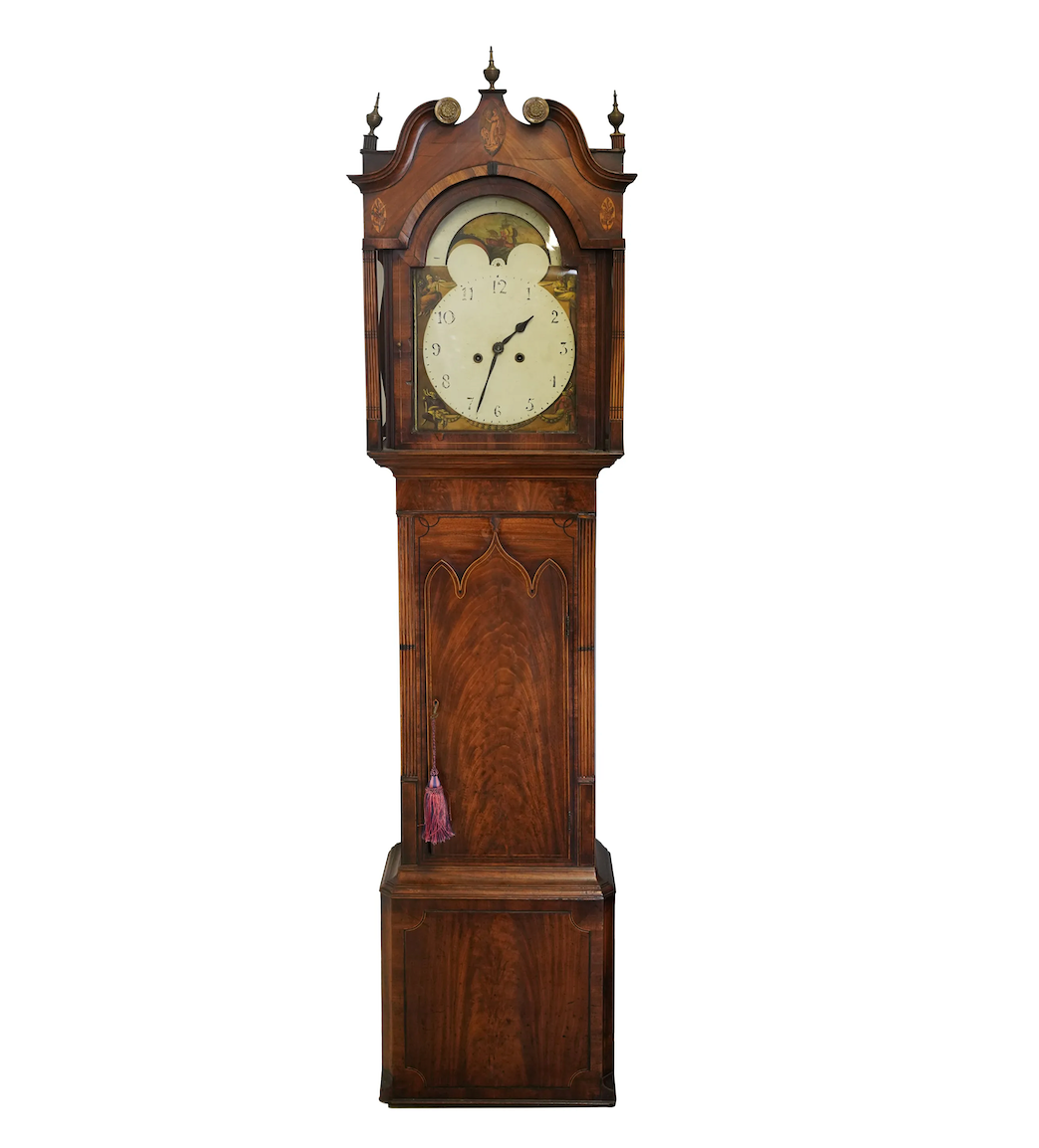 TK1-041: Late 18th Century English Gothic Style Mahogany Tall Case Clock
