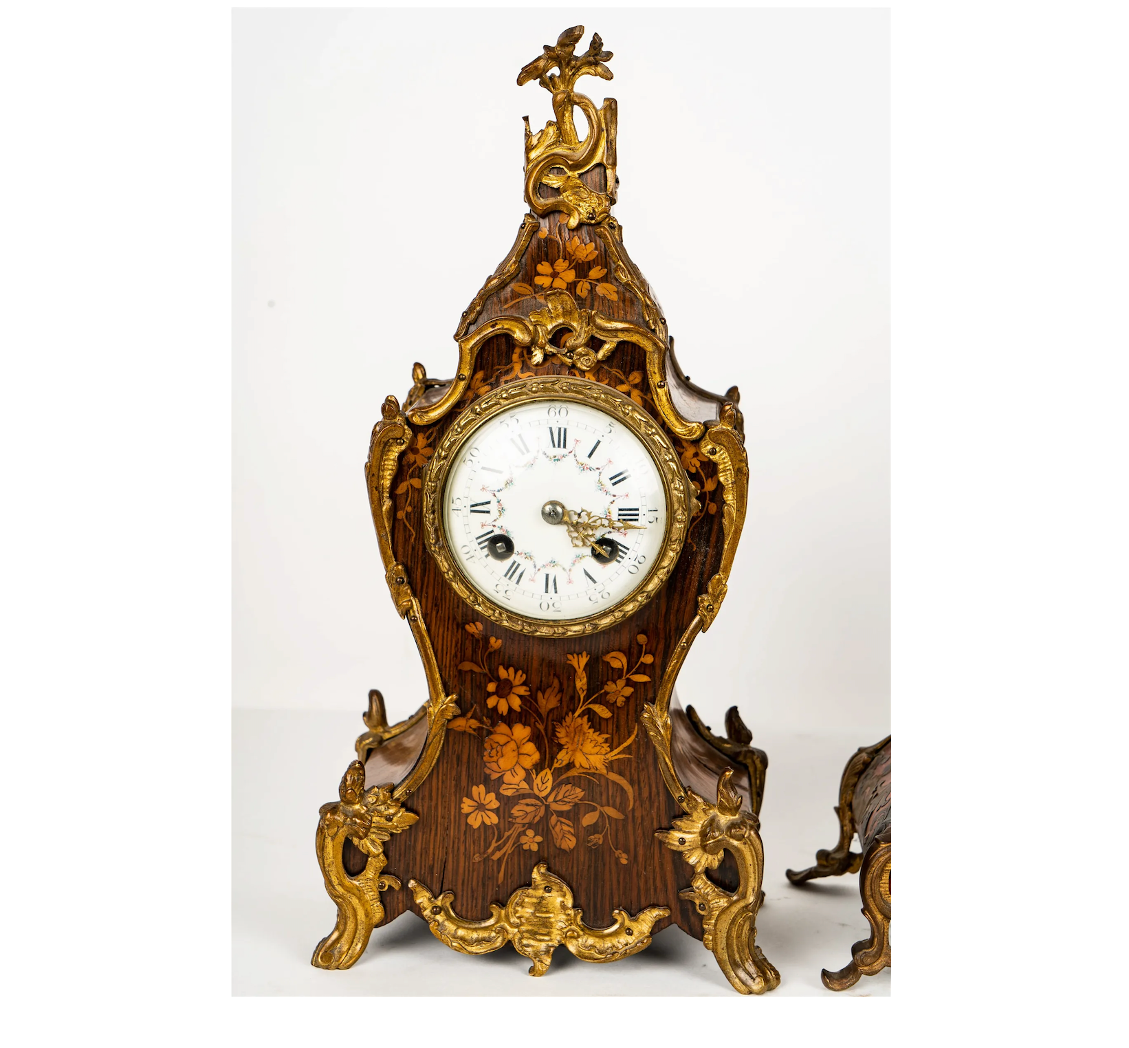 TK2-030: Early19th Century French Louis XV Style Mantle Clock With Mixed Wood Marquetry Case