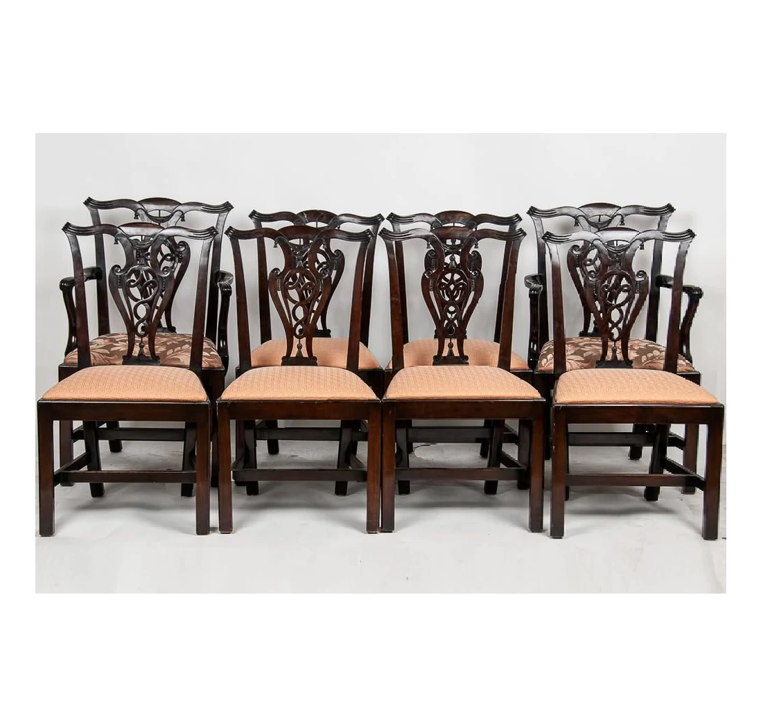 AF2-392: Antique Set of 8 Early 19th Century Chippendale Style Dining Chairs (2 Arm Chairs / 6 Side Chairs)