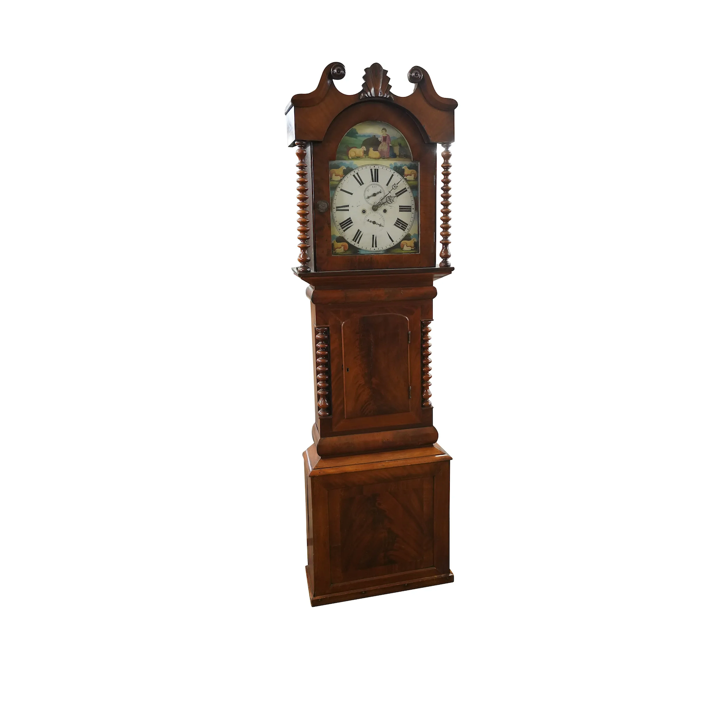 TK1-030: Mid 18th Century English Mahogany Tall Case  Clock w/ Hand Painted Dial