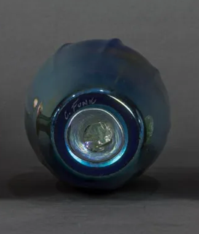 DA4-017: Chris Funk Blue Iridescent Art Glass Vase, Signed