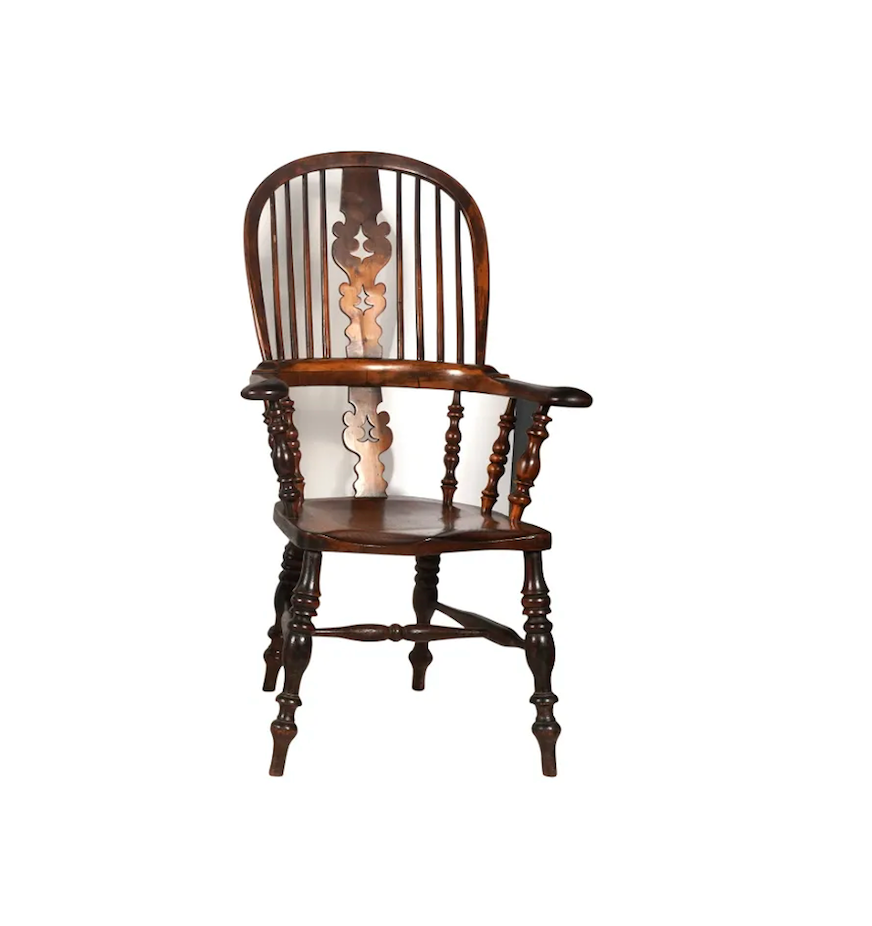 AF2-423: Antique Early - Mid 19th Century Yew Wood & Elm American Sack Back Windsor Armchair