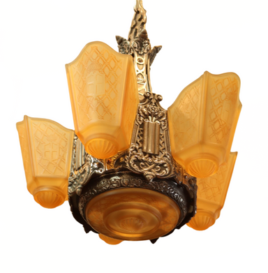 Antique Circa 1920's Art Deco English Tudor Amber Glass Shade Chandelier | Work of Man