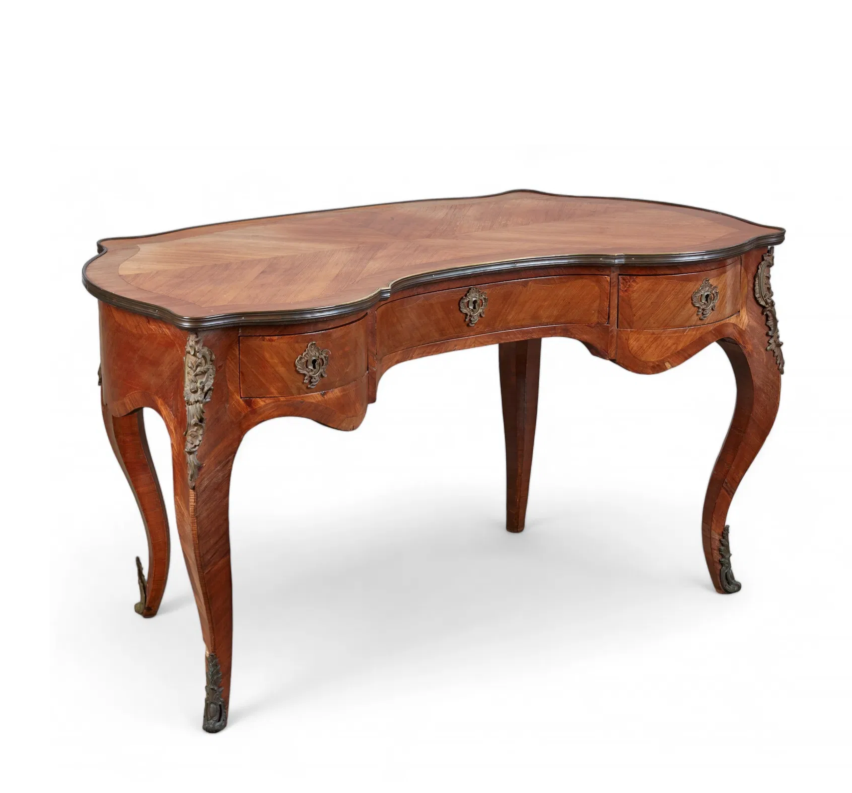 AF5-034: Antique Circa 1900 Louis XV Kingwood Parquetry Bureau a Rognon Desk With Gilt Bronze Mounts