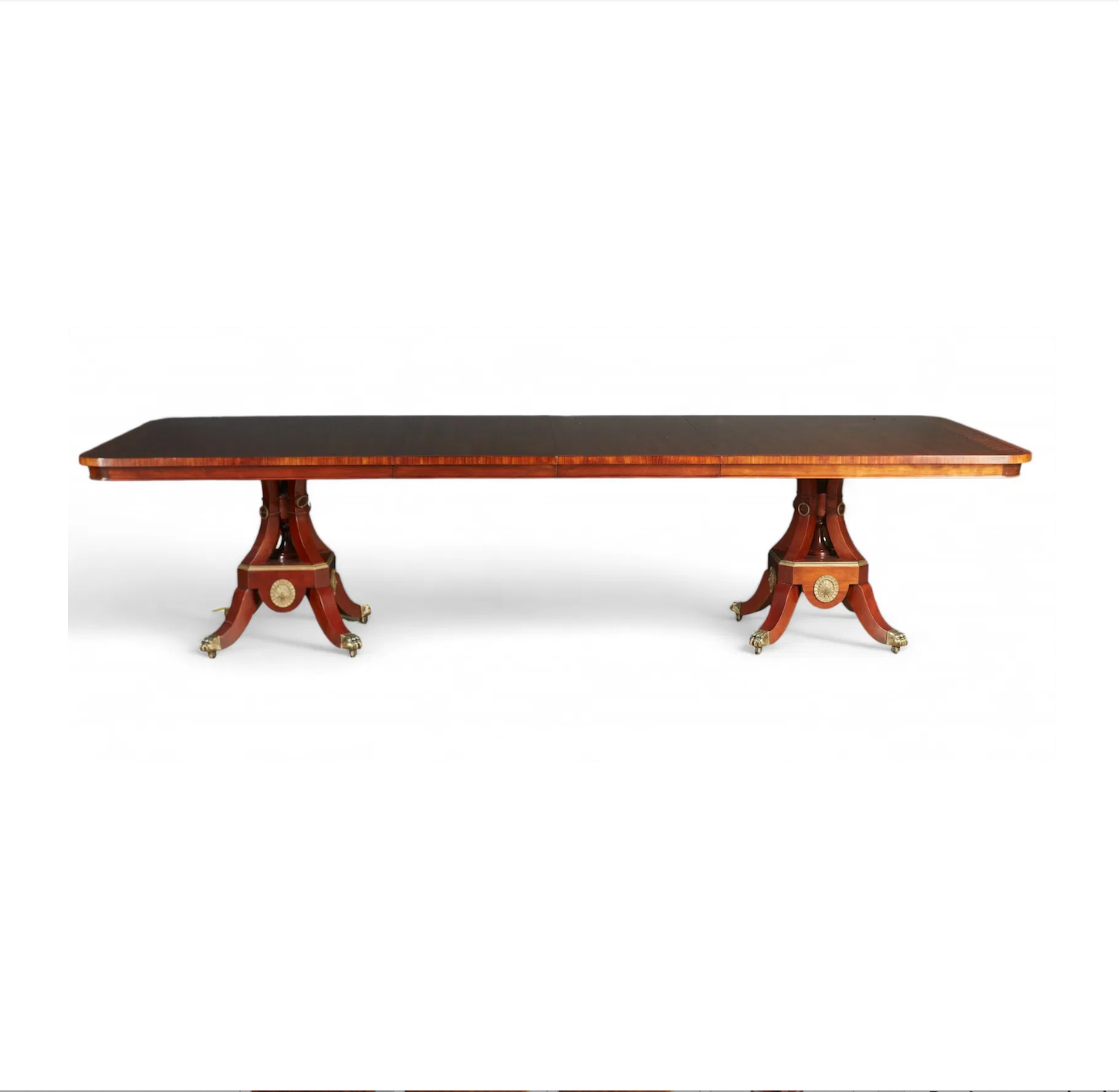 John Widdicomb Neoclassical Pedestal Inlaid Mahogany Extension Dining Table | Work of Man