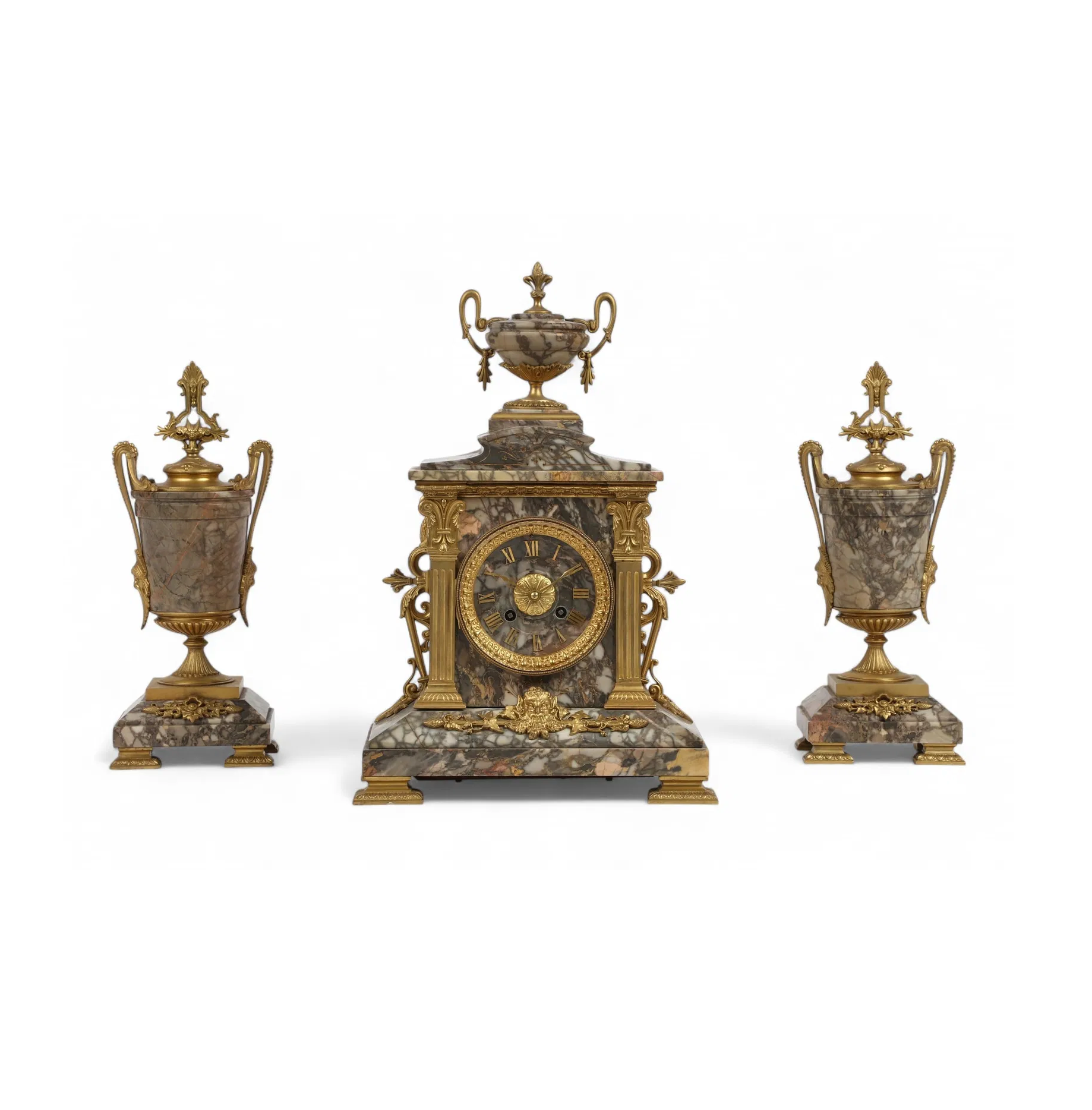 TK2-005: Antique Late 19th Century French Gilt Bronze Marble Mantle Clock and Garniture Set
