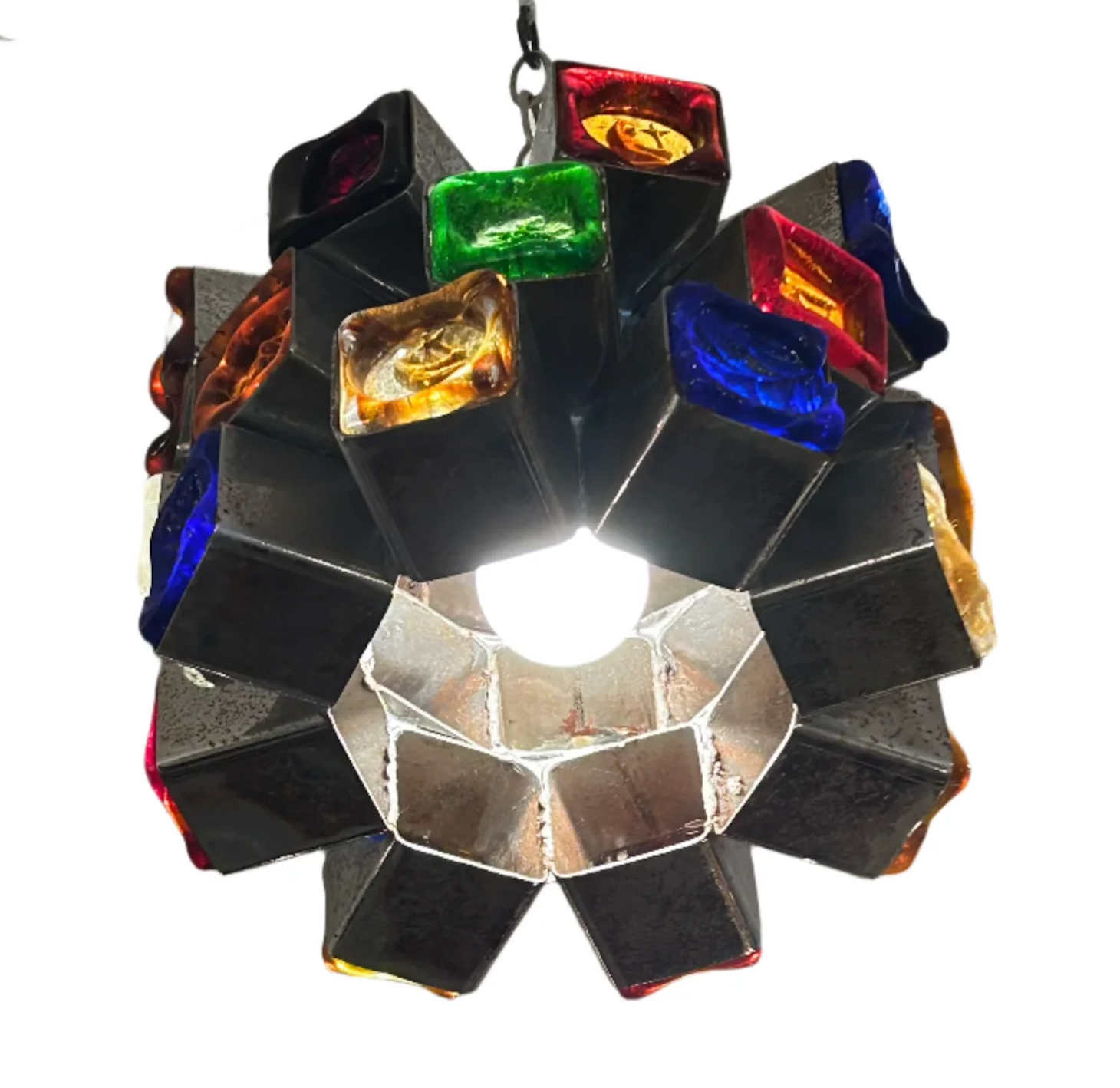 Circa 1970's Feder's Hand Blown Glass Cube Brutalist Chandelier | Work of Man