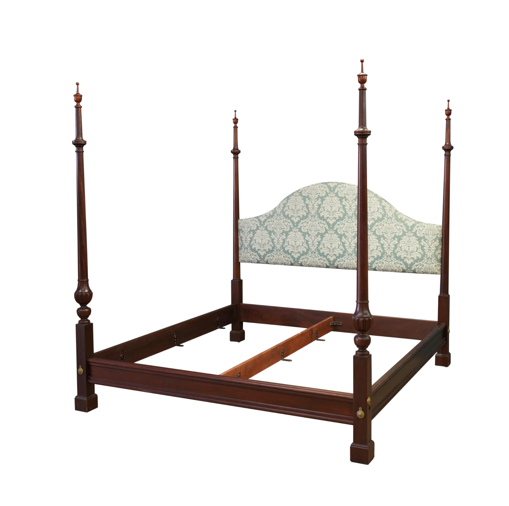 AF6-018: Late 20th Century English Style 4 Poster Mahogany King Size Standard Bed With Upholstered Headboard