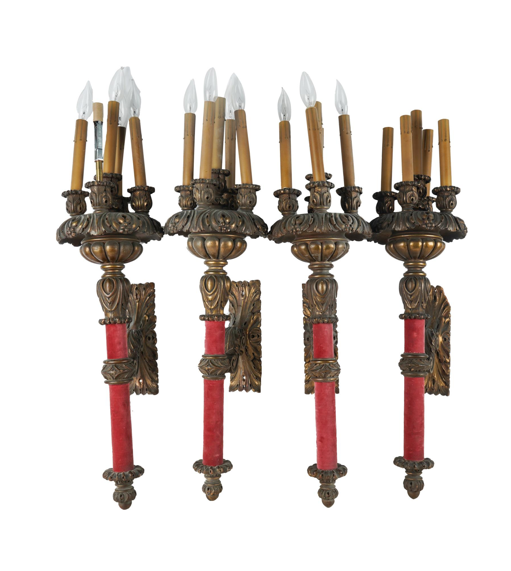 AL3-004: ANTIQUE SET OF FOUR EARLY 20TH CENTURY CARVED & GILT WOOD TORCHIERE SCONCES