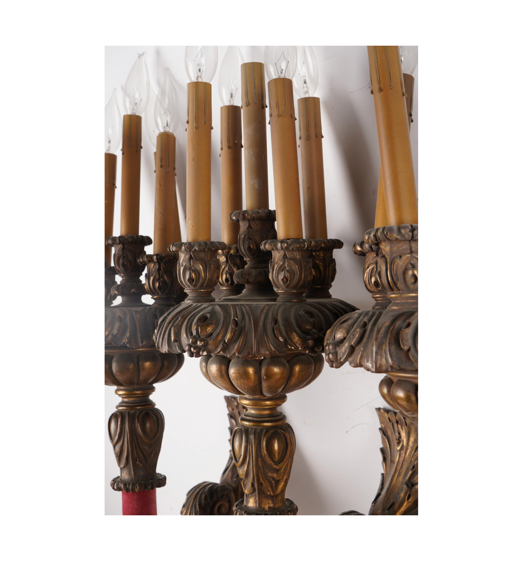 AL3-004: ANTIQUE SET OF FOUR EARLY 20TH CENTURY CARVED & GILT WOOD TORCHIERE SCONCES