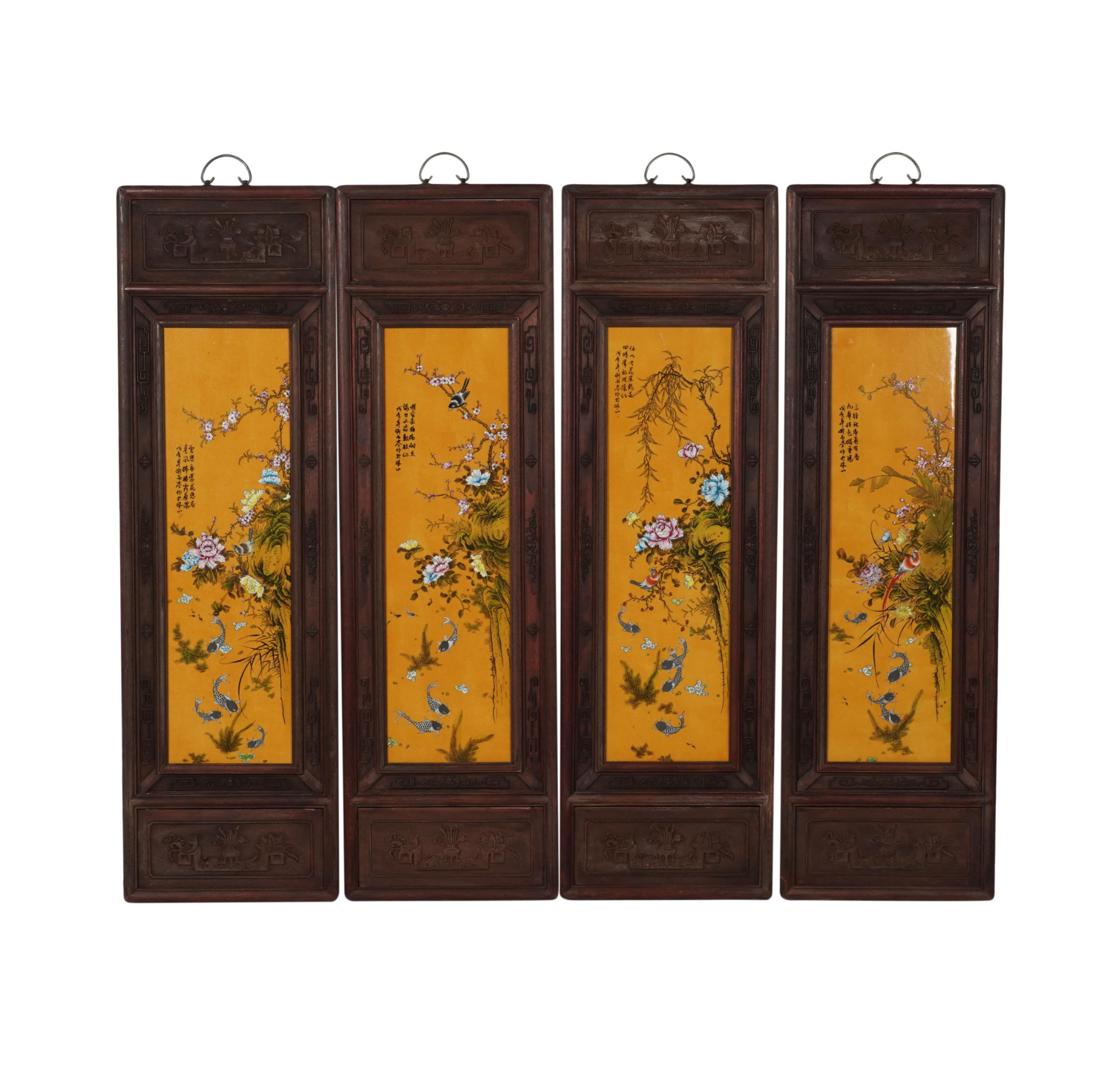 Antique Chinese Four Panel Screen Carved Wood Hand Painted Porcelain | Work of Man