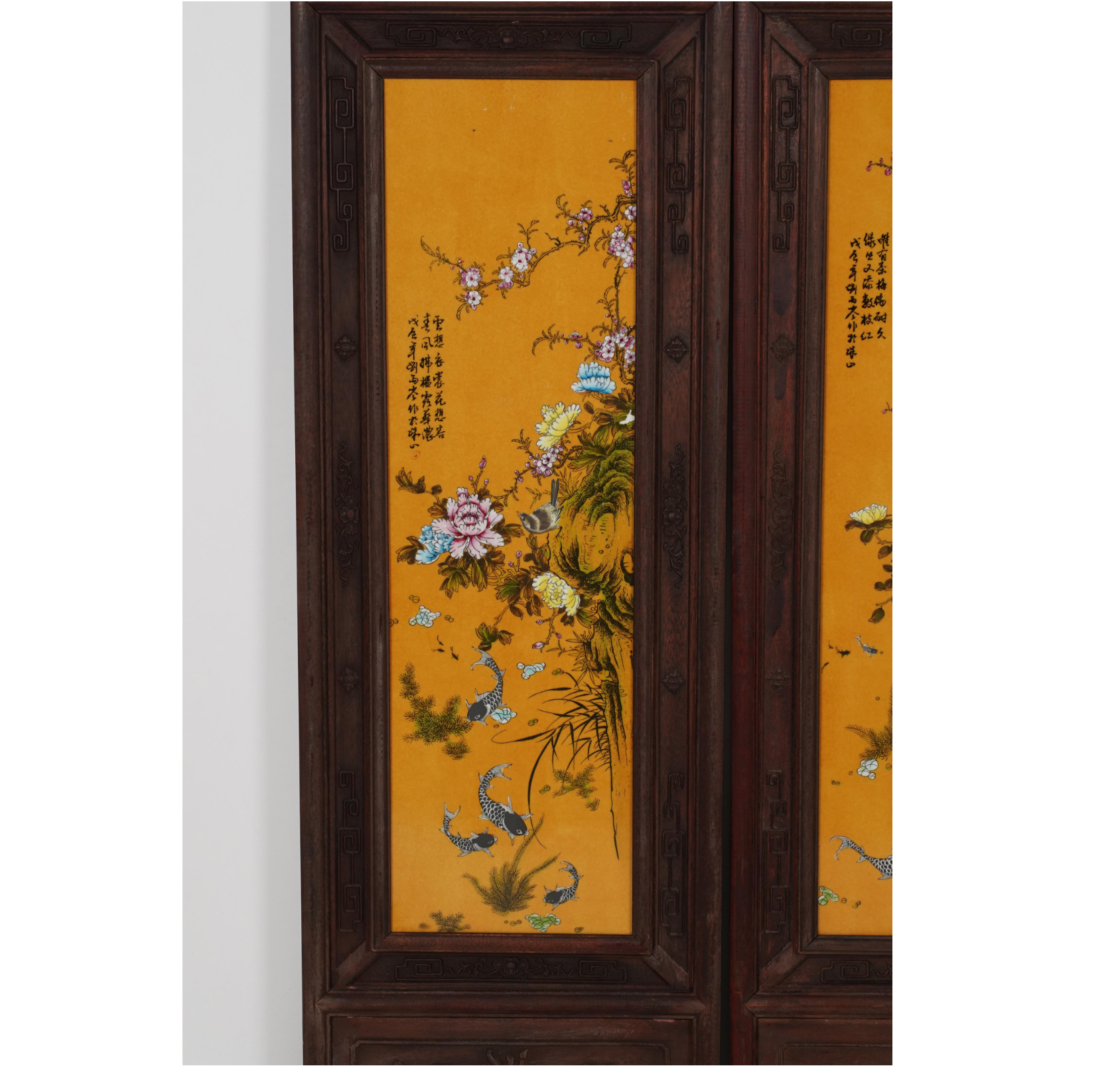AF10-004: Antique Chinese Four Panel Screen Carved Wood Hand Painted Porcelain