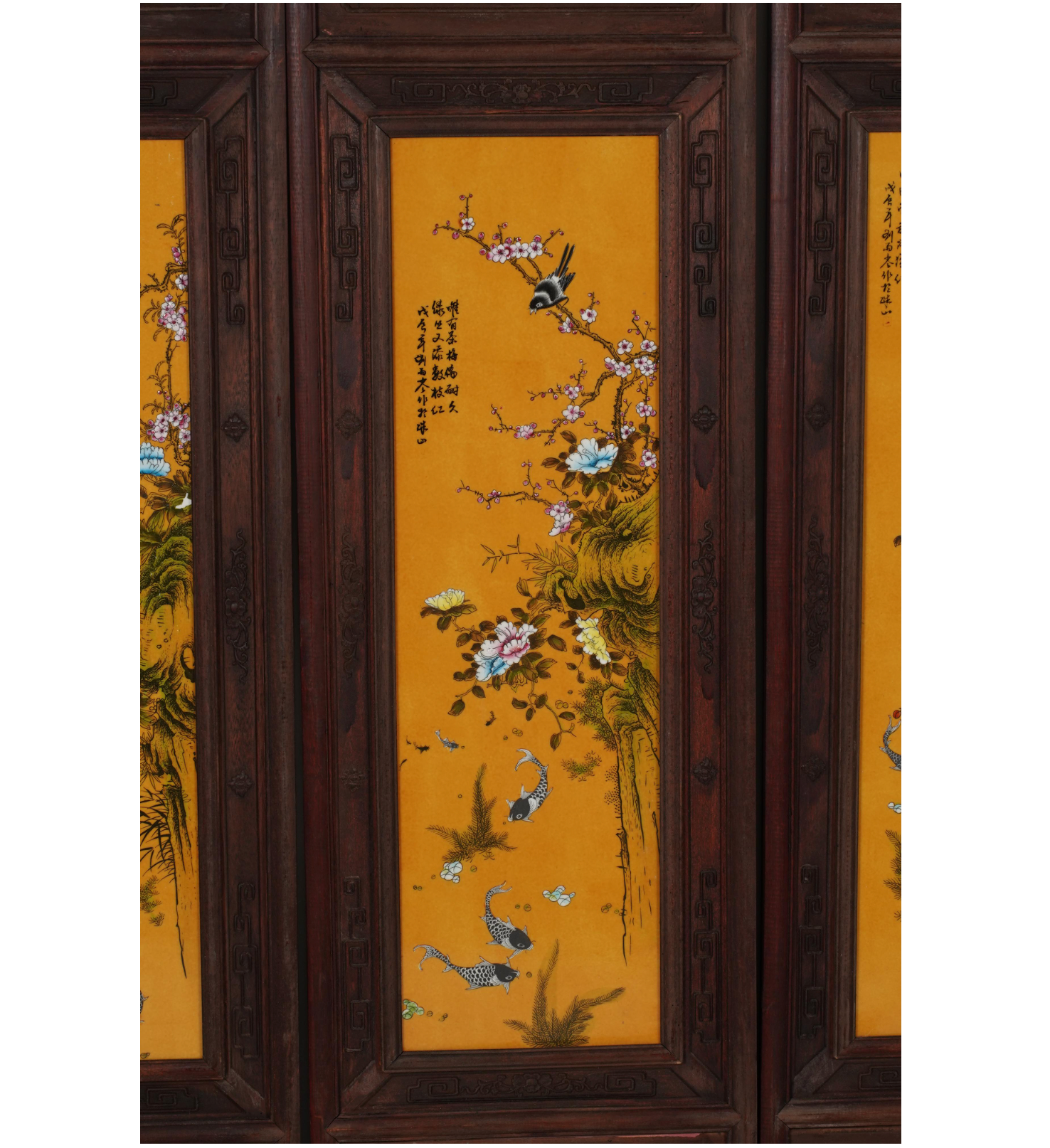 AF10-004: Antique Chinese Four Panel Screen Carved Wood Hand Painted Porcelain