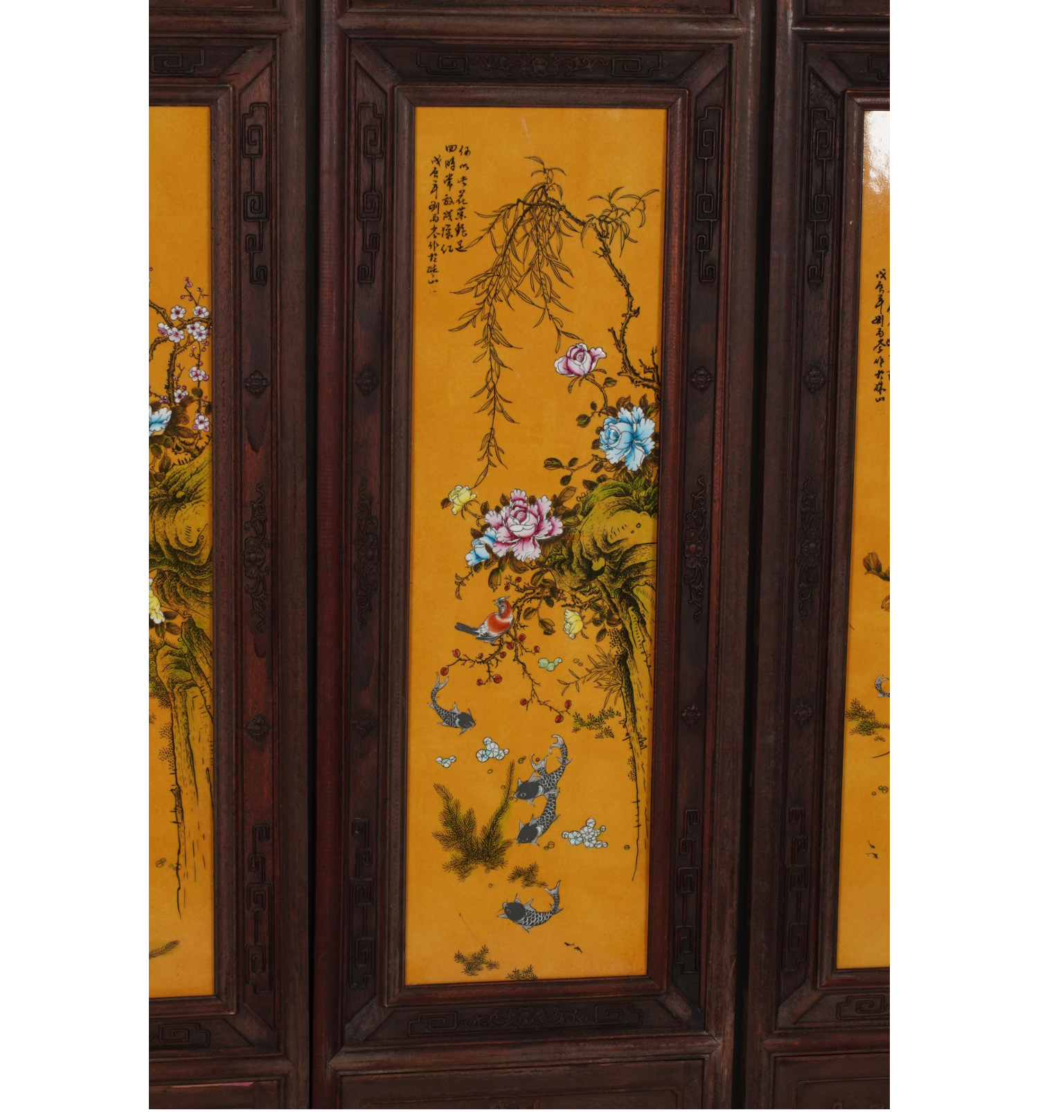 AF10-004: Antique Chinese Four Panel Screen Carved Wood Hand Painted Porcelain