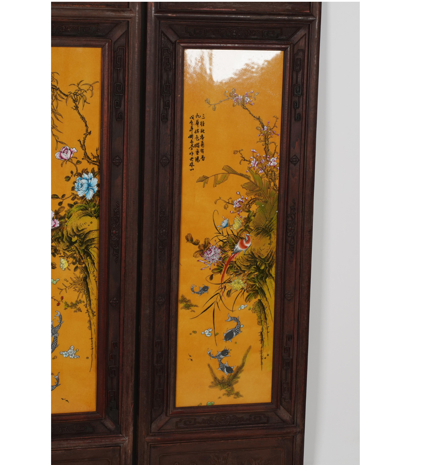 AF10-004: Antique Chinese Four Panel Screen Carved Wood Hand Painted Porcelain