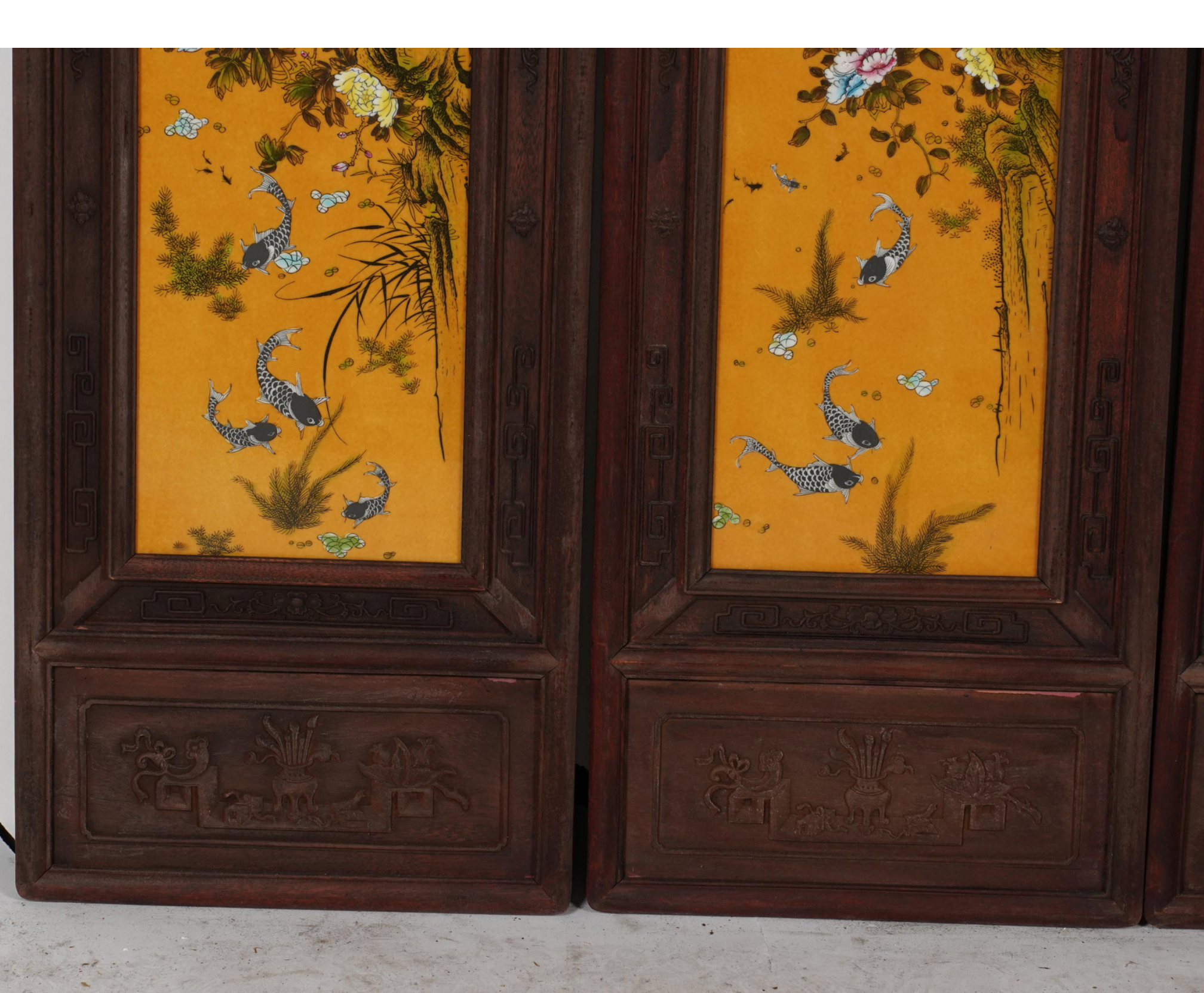 AF10-004: Antique Chinese Four Panel Screen Carved Wood Hand Painted Porcelain