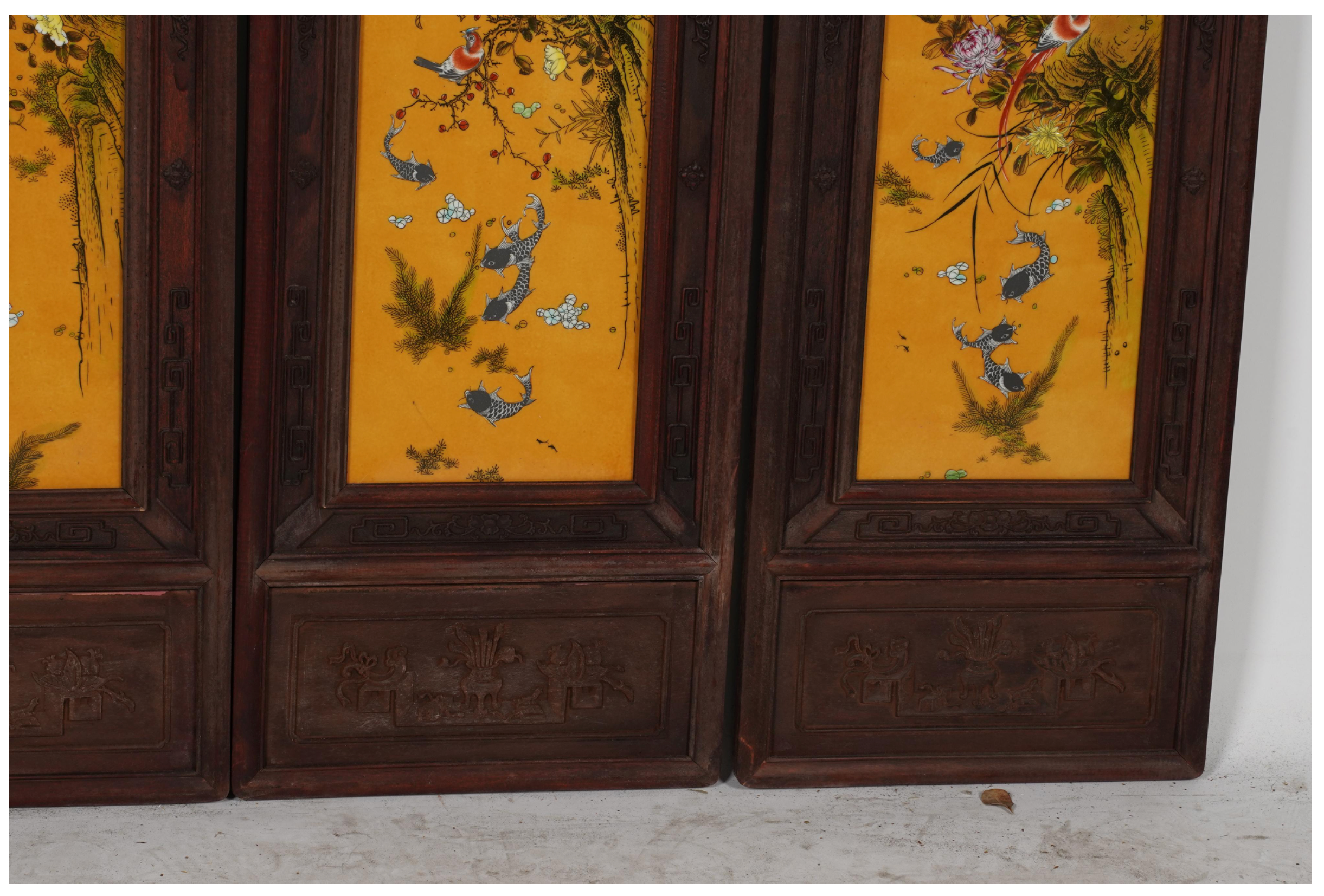 AF10-004: Antique Chinese Four Panel Screen Carved Wood Hand Painted Porcelain