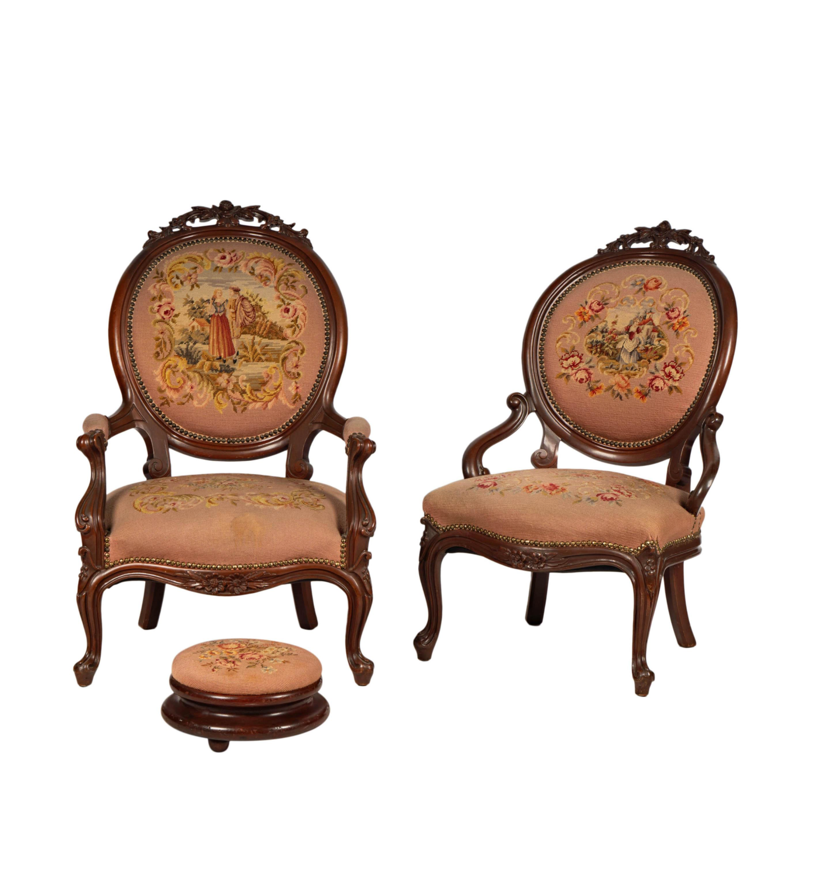 His & Hers Pair Carved Walnut Victorian  Parlor Chairs | Work of Man