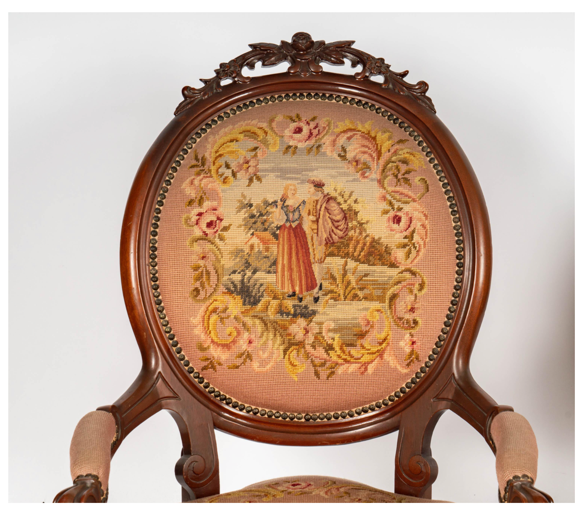 AF2-429: Antique His & Hers Pair Carved Walnut Victorian Style Parlor Chairs Early 20th Century