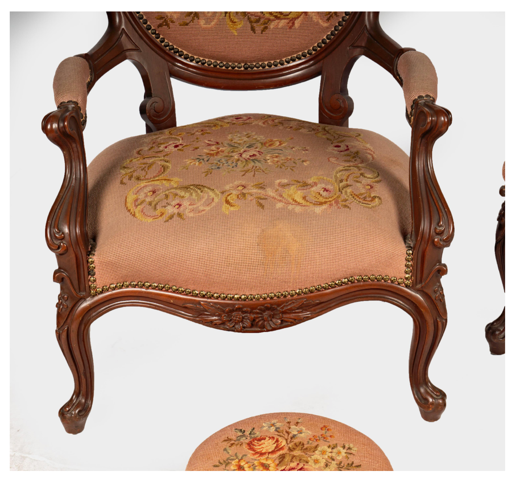 AF2-429: Antique His & Hers Pair Carved Walnut Victorian Style Parlor Chairs Early 20th Century