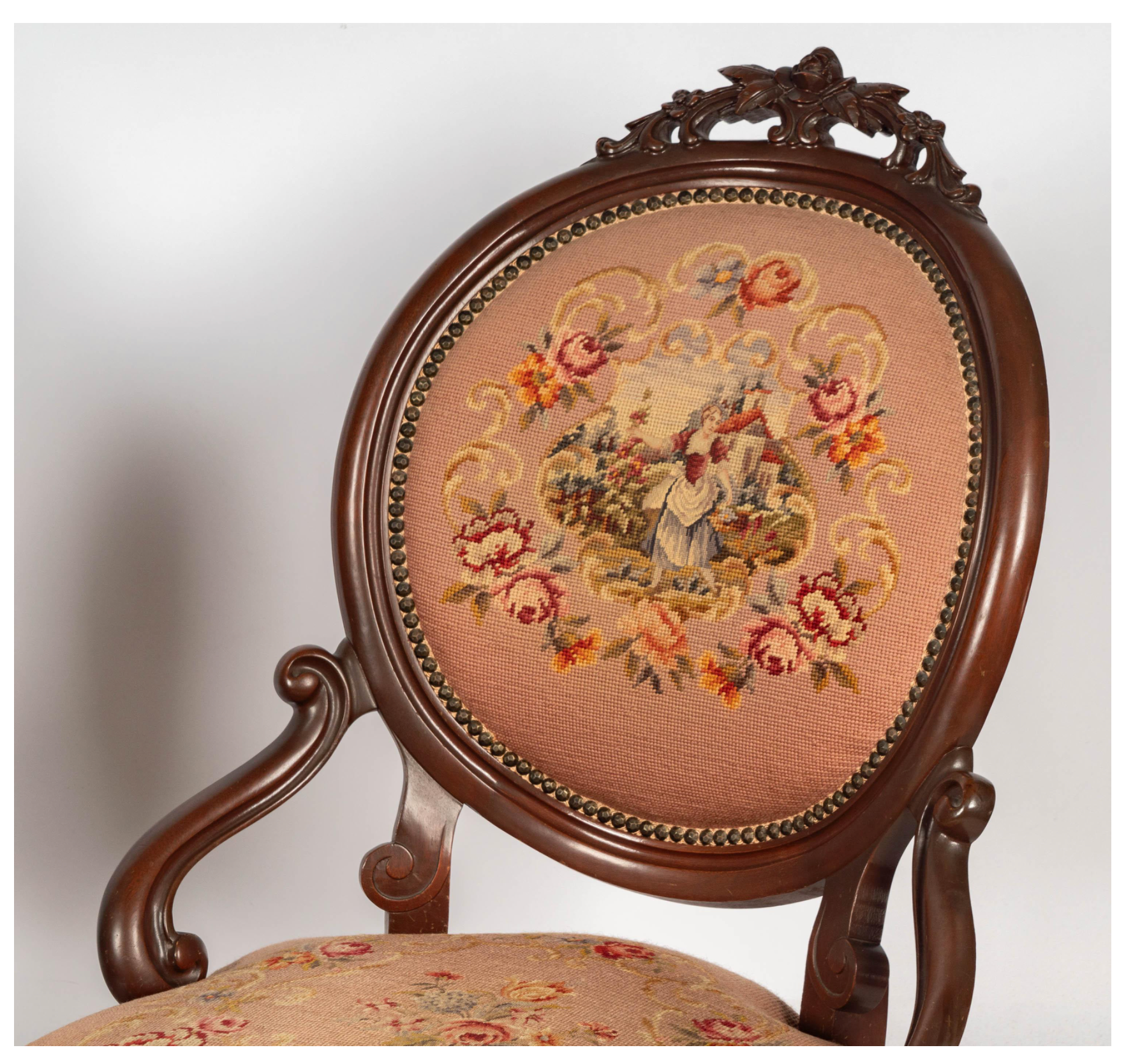 AF2-429: Antique His & Hers Pair Carved Walnut Victorian Style Parlor Chairs Early 20th Century