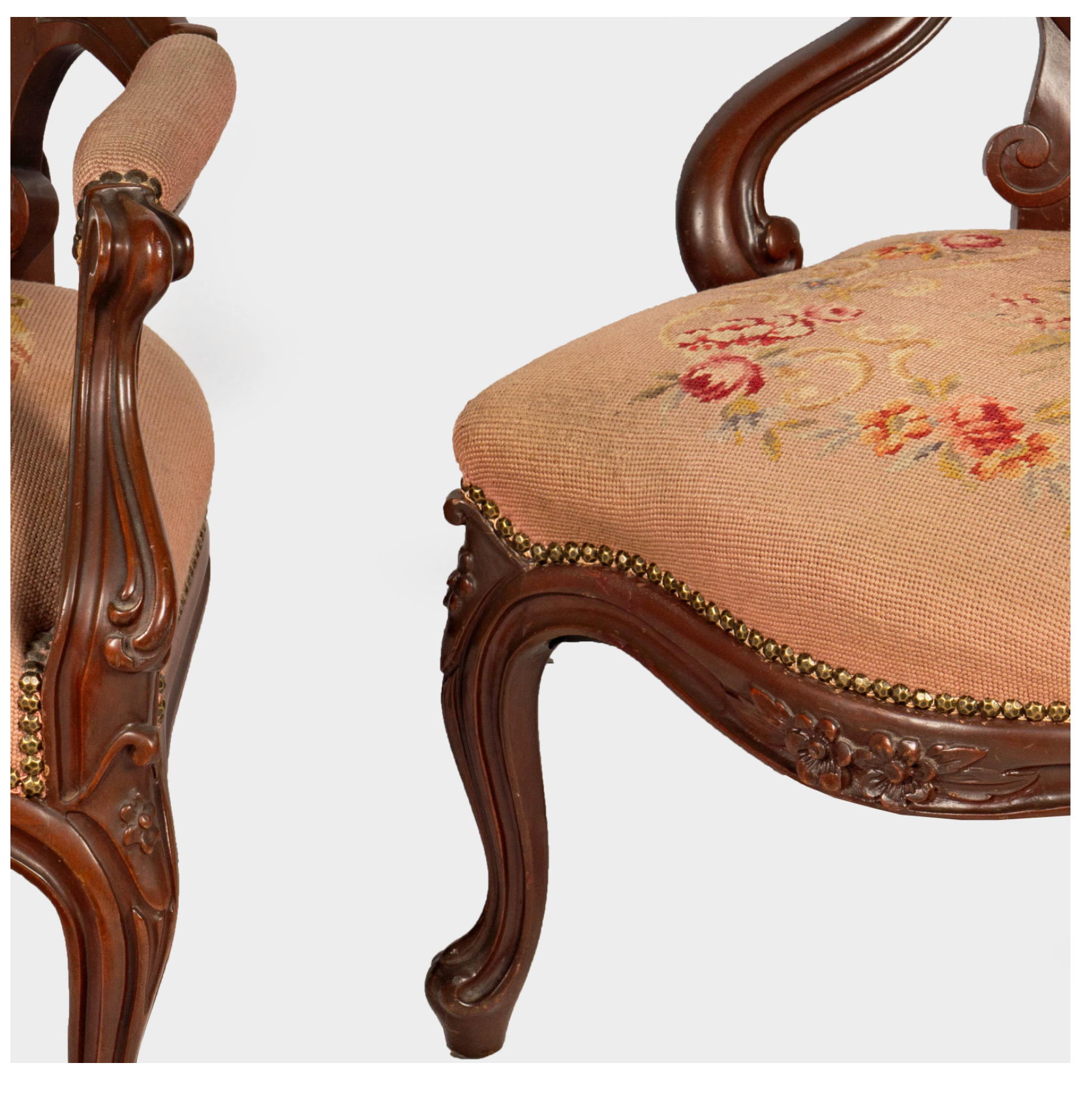 AF2-429: Antique His & Hers Pair Carved Walnut Victorian Style Parlor Chairs Early 20th Century