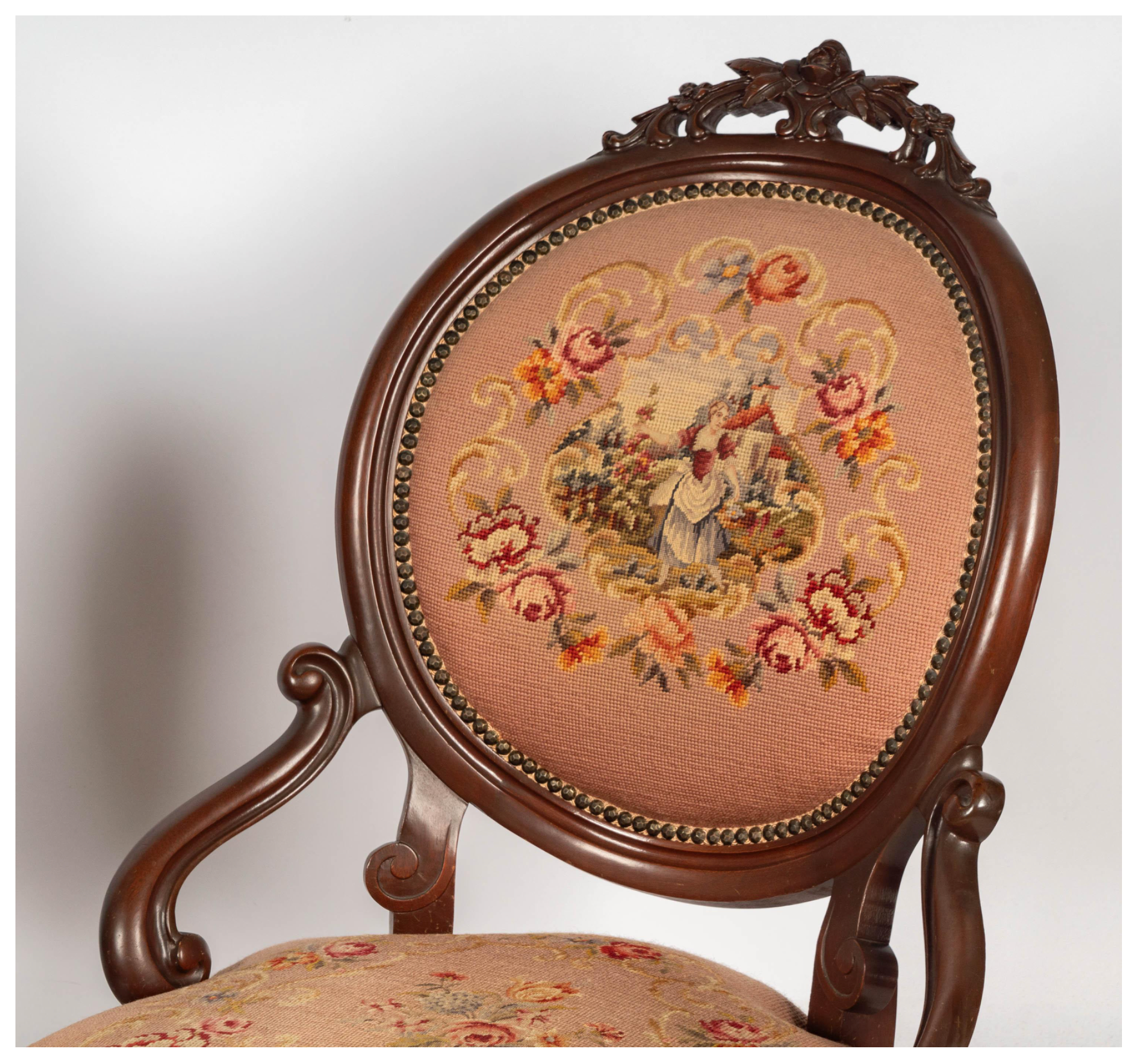 AF2-429: Antique His & Hers Pair Carved Walnut Victorian Style Parlor Chairs Early 20th Century