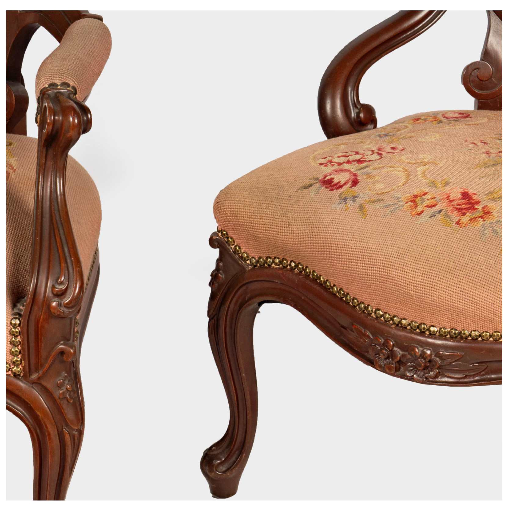 AF2-429: Antique His & Hers Pair Carved Walnut Victorian Style Parlor Chairs Early 20th Century