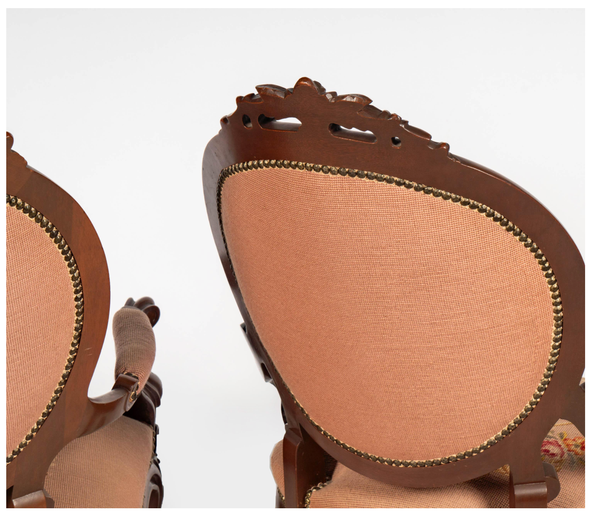 AF2-429: Antique His & Hers Pair Carved Walnut Victorian Style Parlor Chairs Early 20th Century