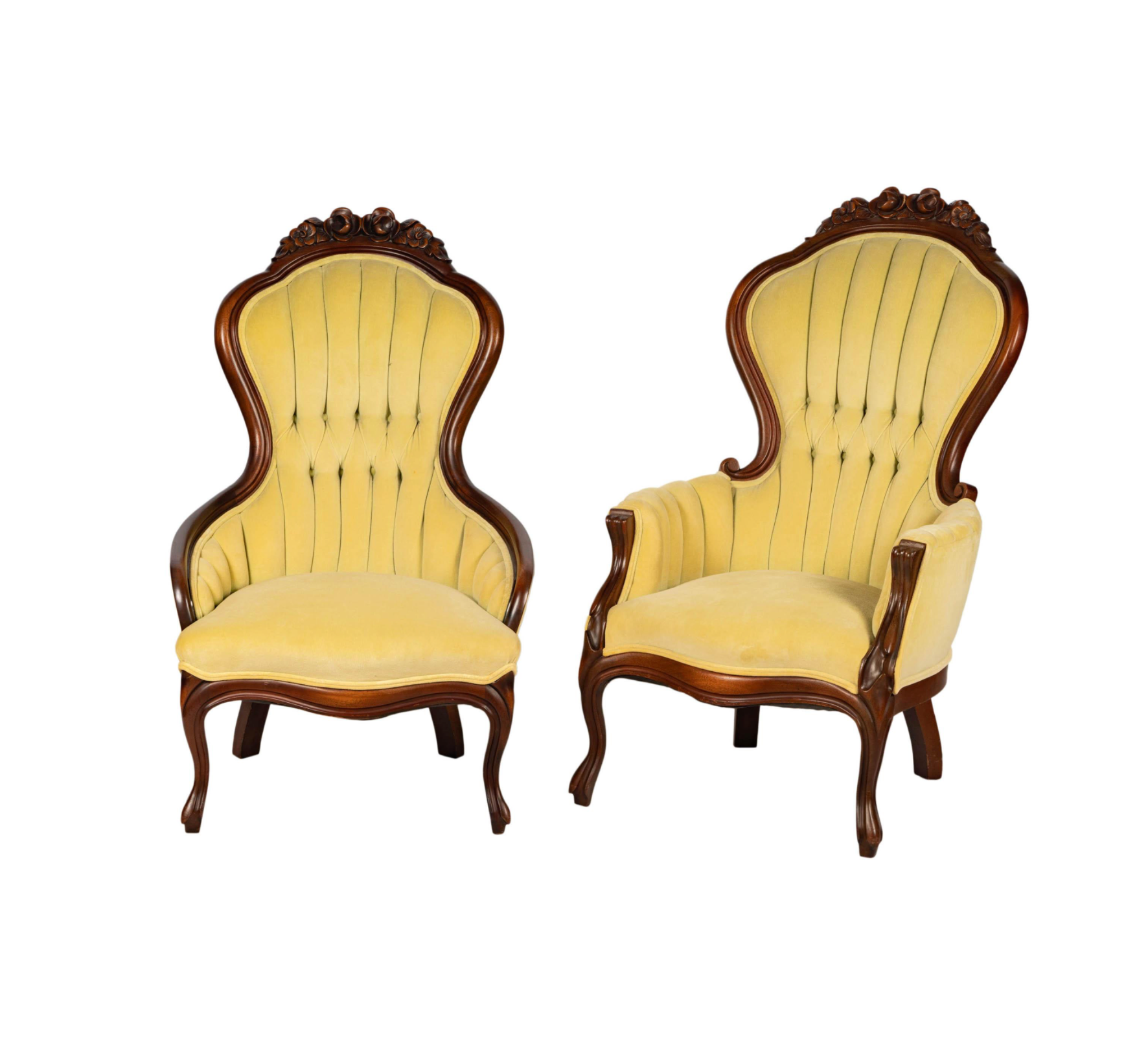 AF2-428: His & Hers Pair Carved Walnut Victorian Parlor Chairs Mid 19th Century