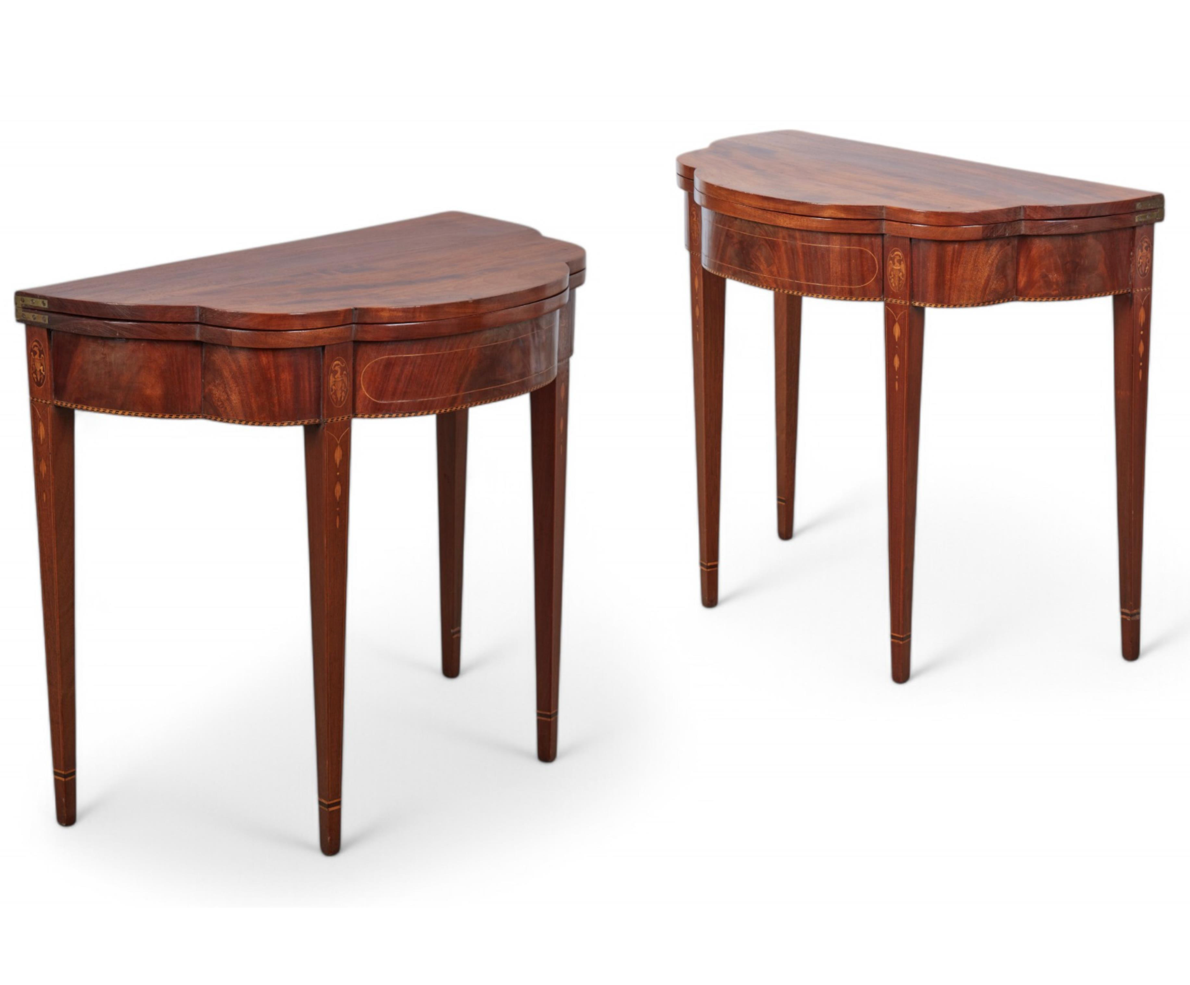 AF1-418: Antique Pair of American Federal Inlaid Mahogany Demilune Game Tables Late 19th Century