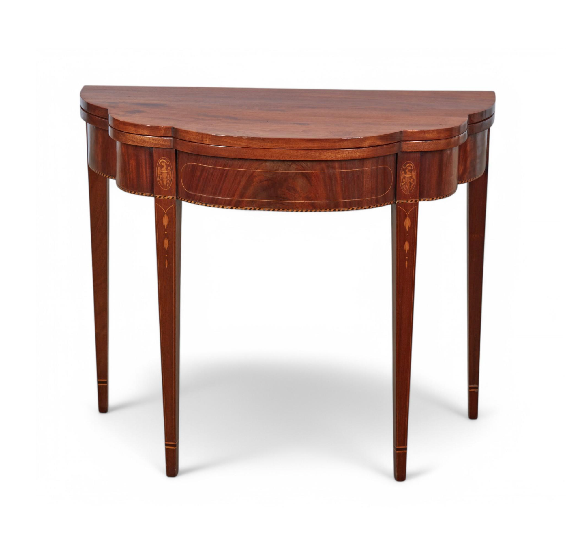 AF1-418: Antique Pair of American Federal Inlaid Mahogany Demilune Game Tables Late 19th Century