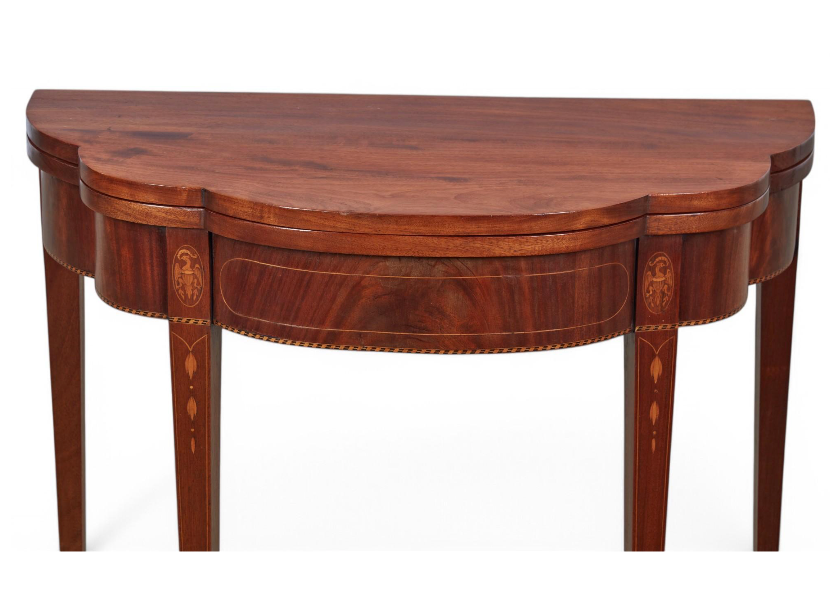 AF1-418: Antique Pair of American Federal Inlaid Mahogany Demilune Game Tables Late 19th Century