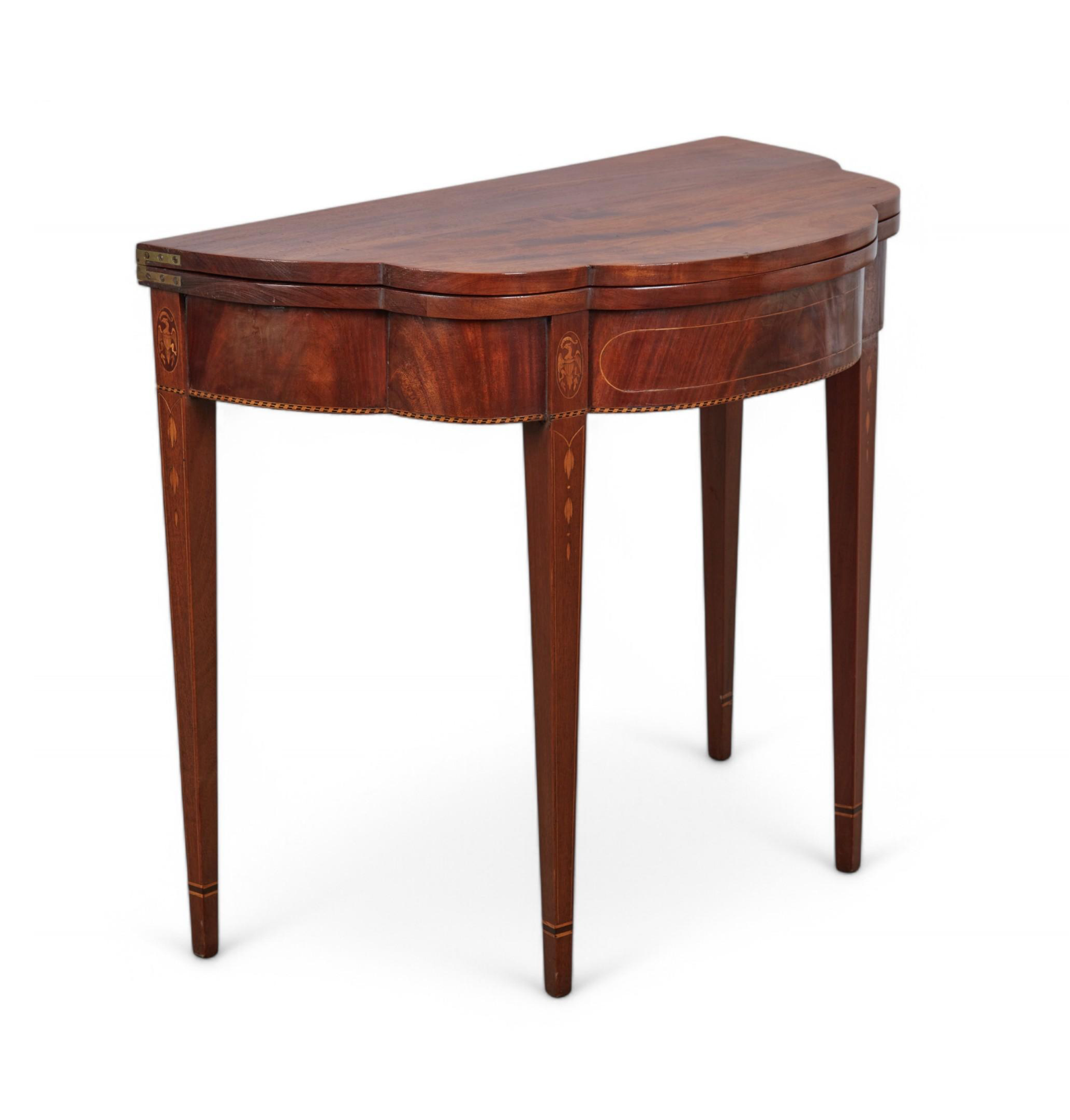 AF1-418: Antique Pair of American Federal Inlaid Mahogany Demilune Game Tables Late 19th Century