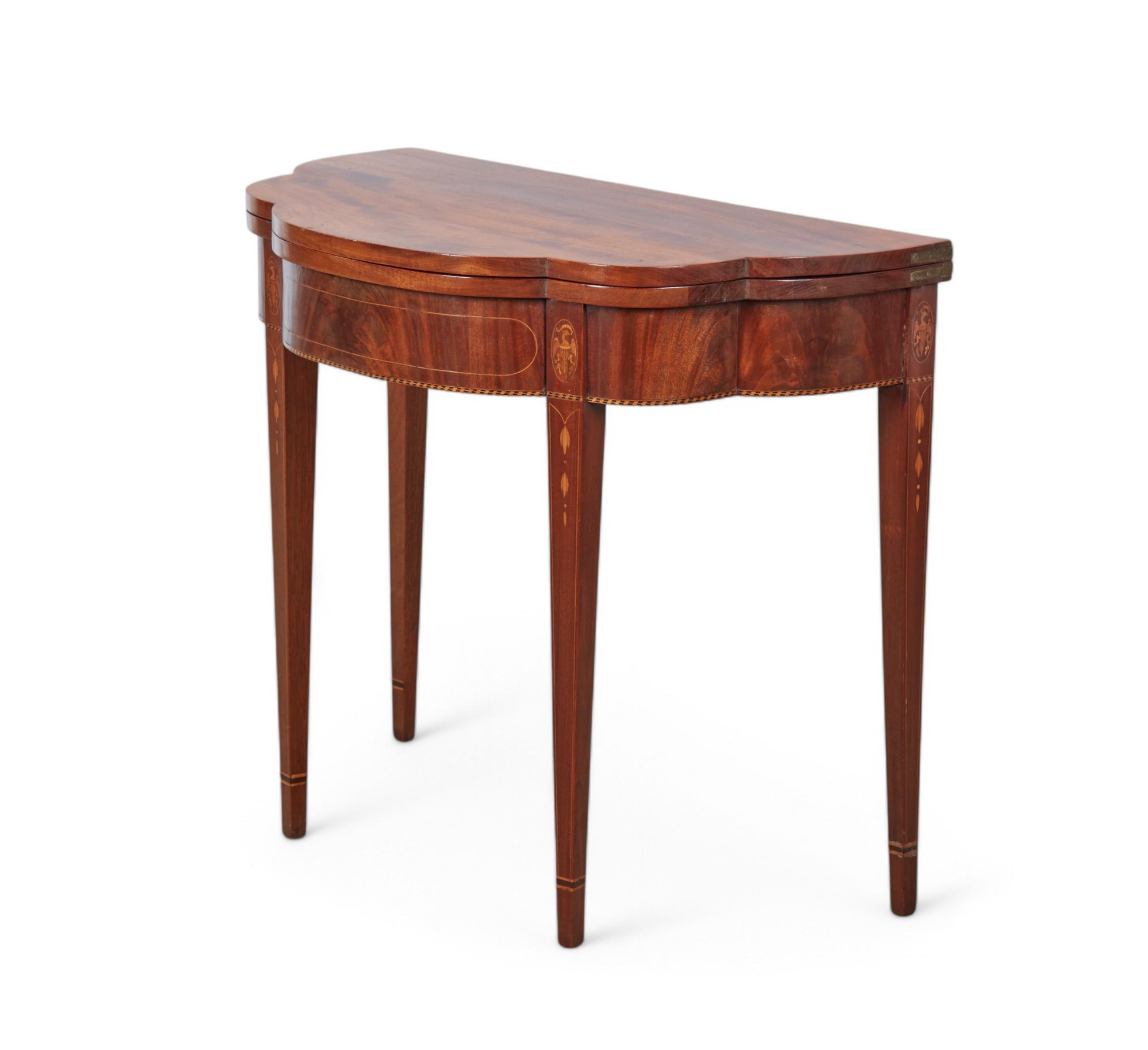 AF1-418: Antique Pair of American Federal Inlaid Mahogany Demilune Game Tables Late 19th Century