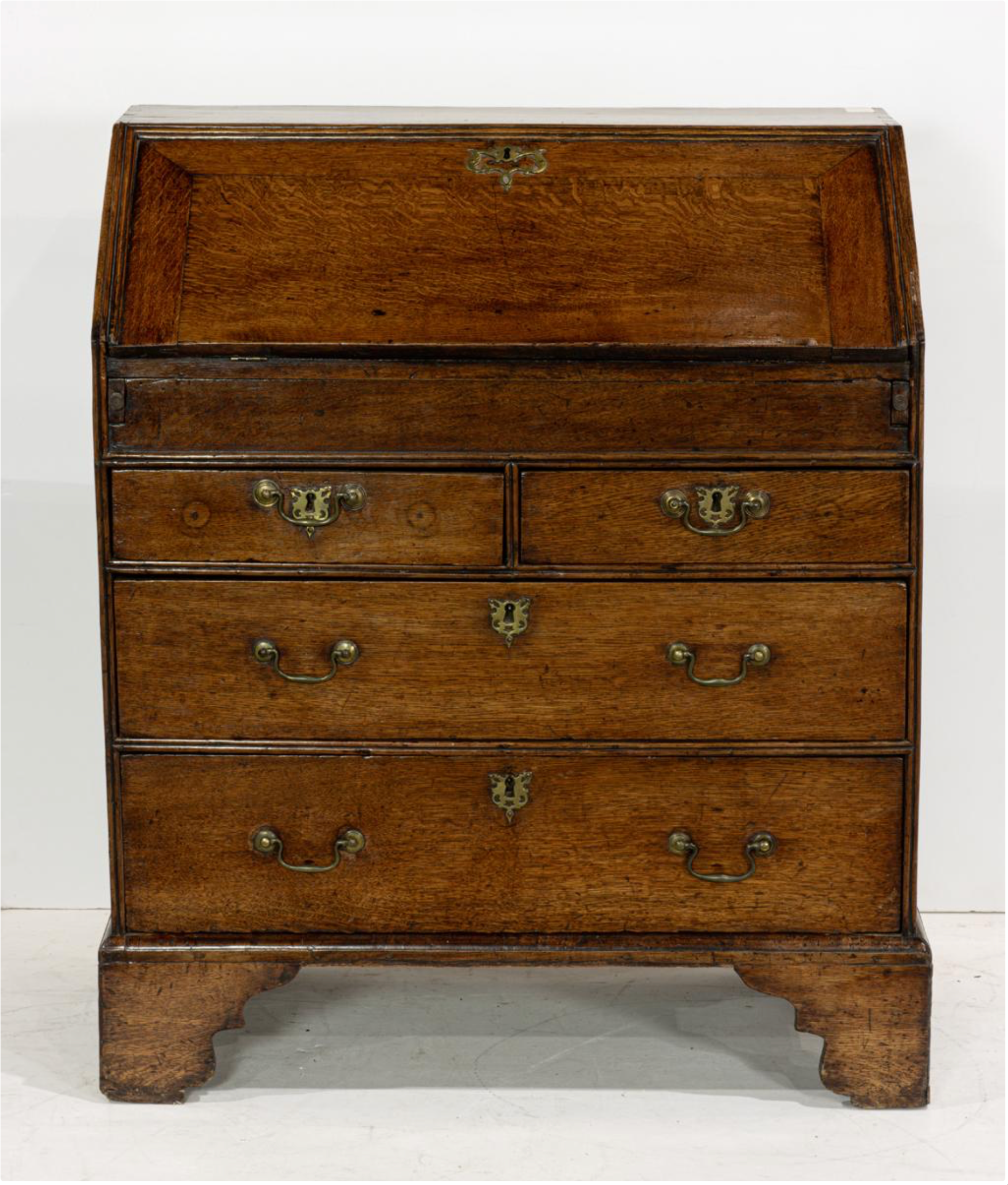 AF5-047: Antique George III Quarter Sawn Oak Slant Front Desk Late 18th Century