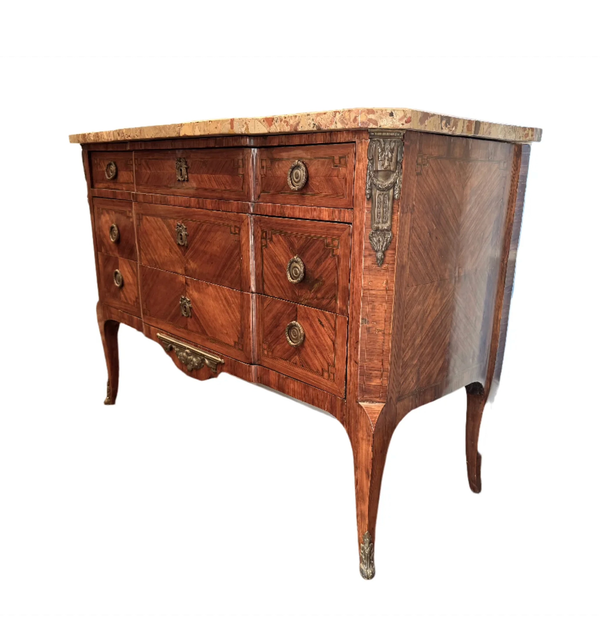 Antique Late 18th Century French Louis XV Parquetry Commode With Breche D'Alep Marble Top | Work of Man
