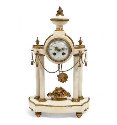 TK2-024:  Antique French Napoleon III Gilt Bronze White Marble Portico Clock Circa 1850 | Work of Man