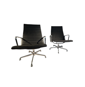AF2-616: Vintage Eames Aluminum Group Management Lounge Chairs Pair Black Leather Post 1985