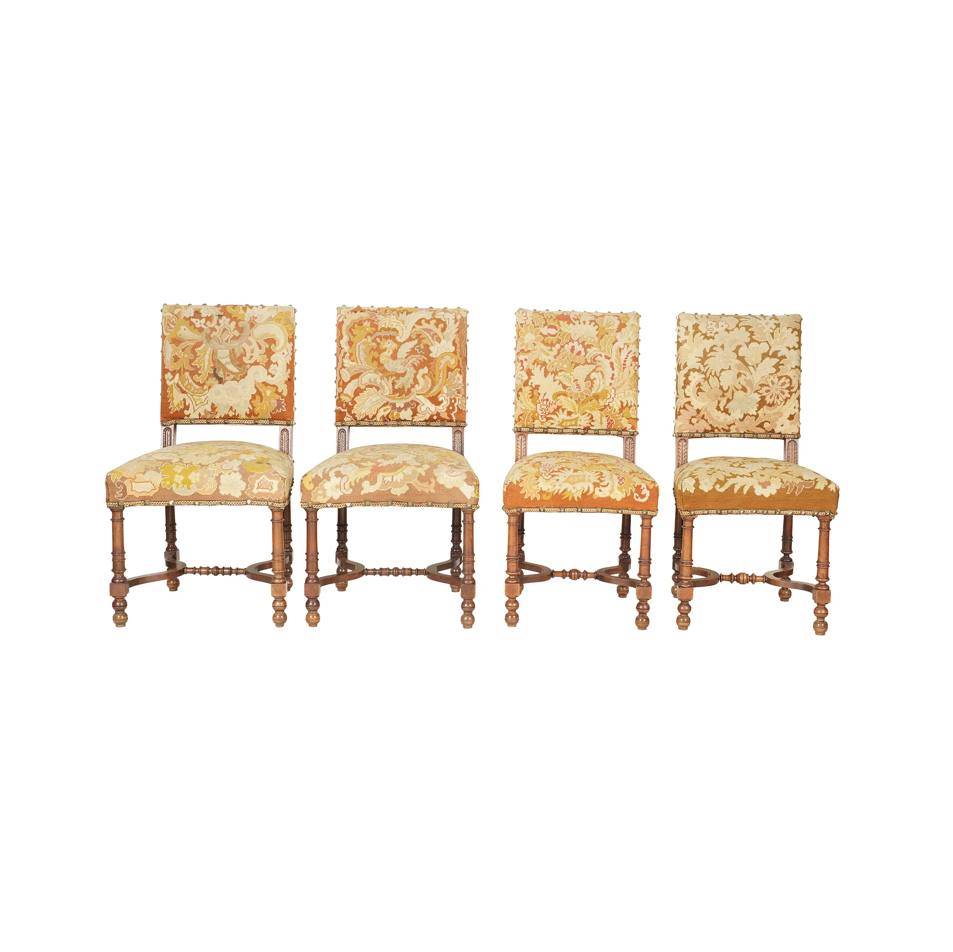 Antique Renaissance Revival Side Chairs With Needlepoint Upholstery Set of Four Late 19th Century