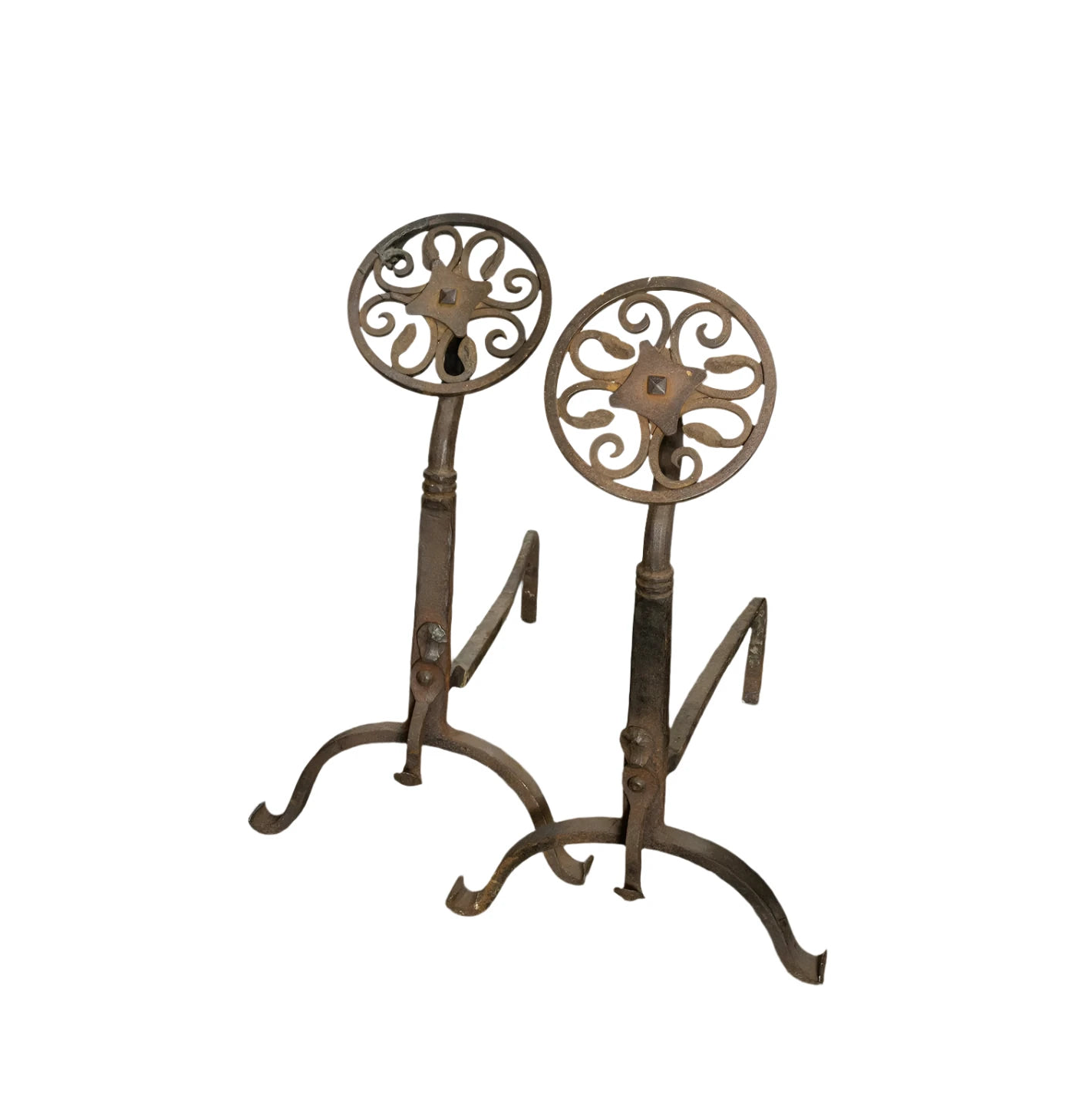 AA3-042: Antique Pair of Spanish Colonial Revival Hand Forged Iron Andirons Late 19th Century