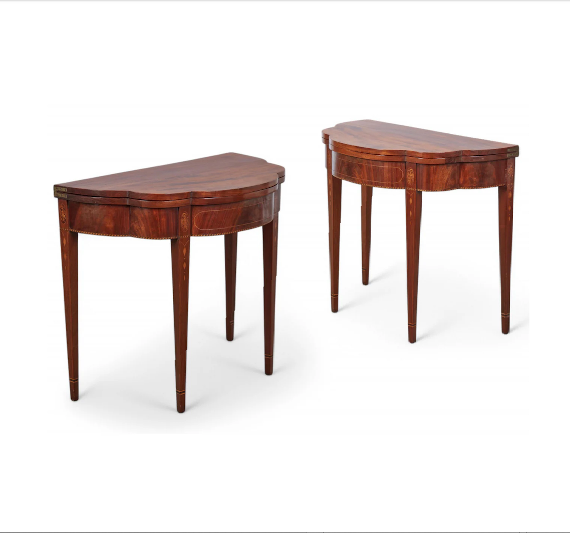 Antique Pair of American Federal Inlaid Mahogany Demilune Game Tables Late 19th Century | Work of Man