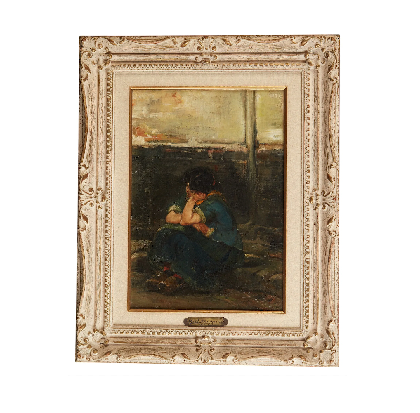 Max Lieberman Attribution Oil on Board Painting Forlorn Woman at Curbside | Work of Man